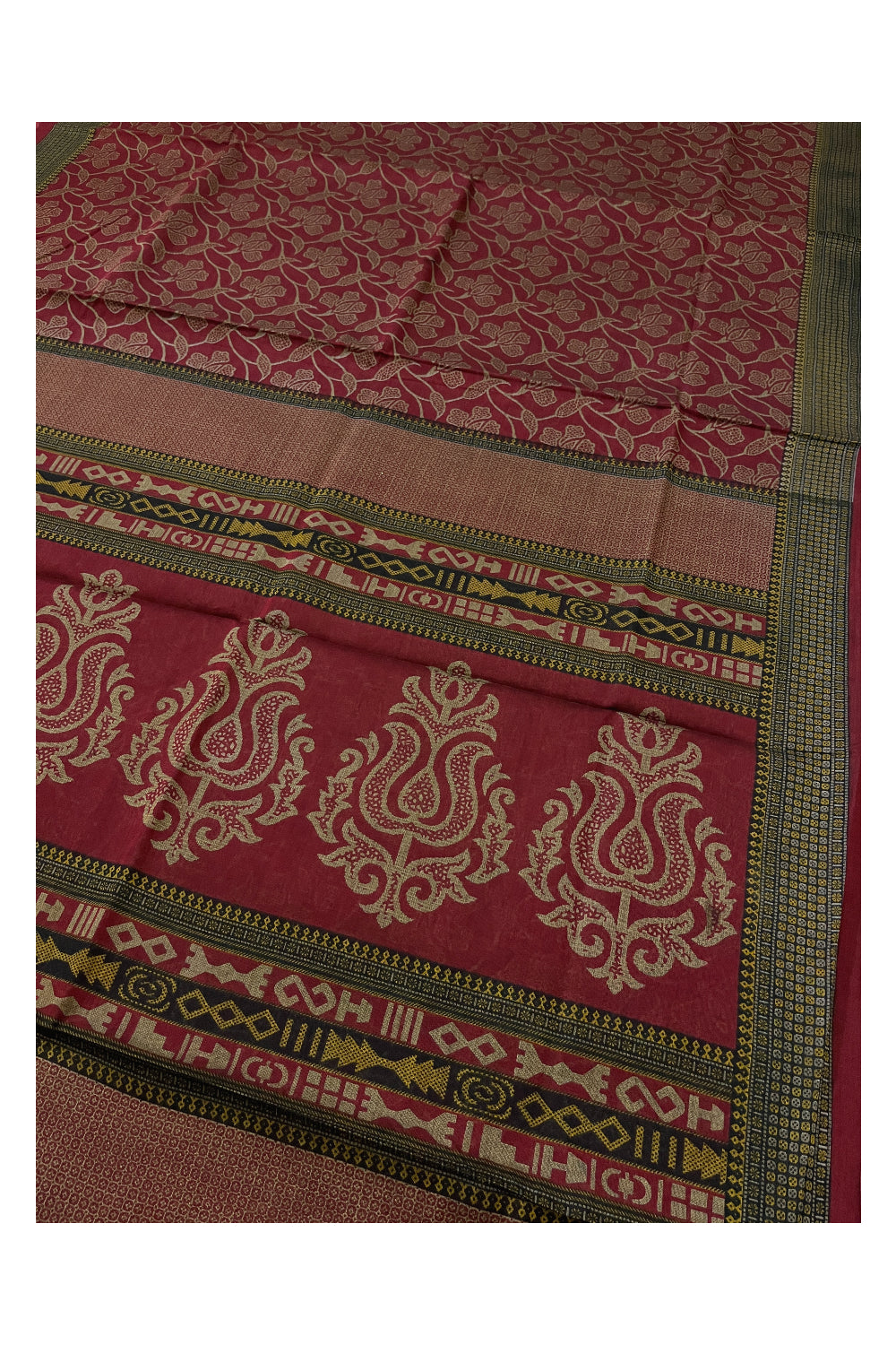 Southloom Cotton Maroon Designer Printed Saree