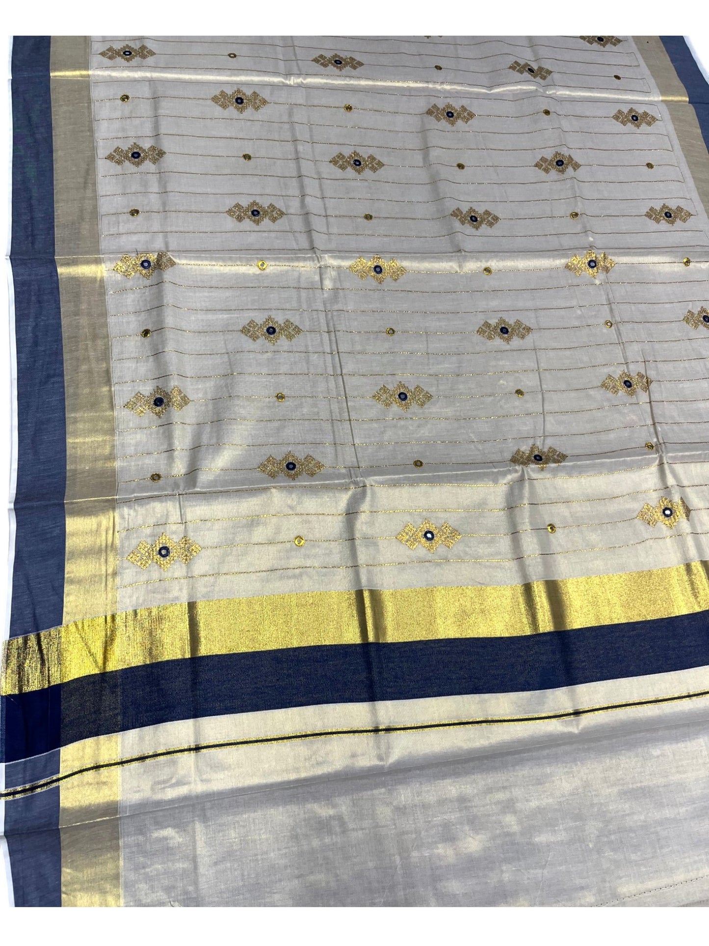 Southloom Kerala Tissue Kasavu Lines Saree with Golden And Blue Embroidery Works