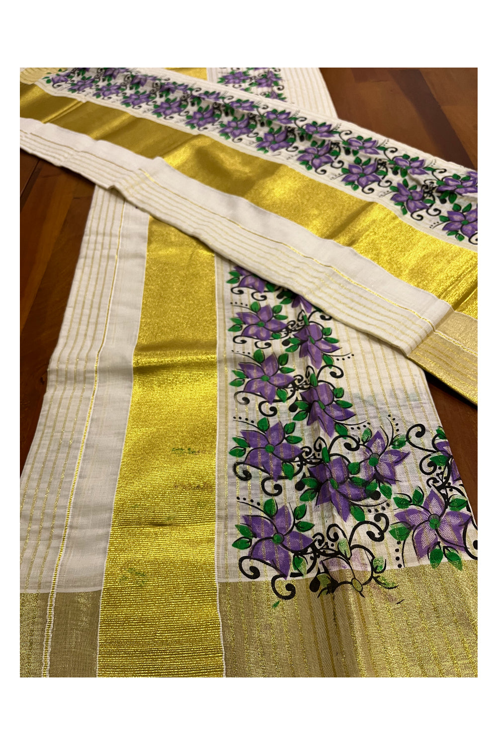 Kerala Cotton Set Mundu (Mundum Neriyathum) with Kasavu Lines Design on Body and Violet Block Printed Border 2.80 Mtrs (Onam Set Mundu 2023)