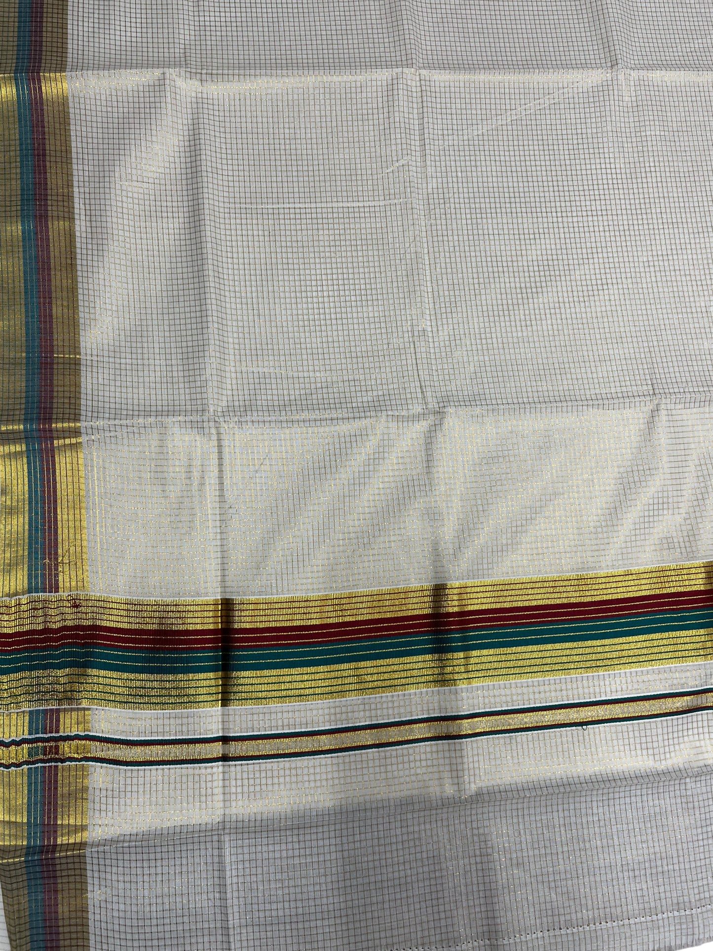 Southloom Kerala Cotton Kasavu Saree with Micro Check Design on Body in Maroon & Olive Green Border