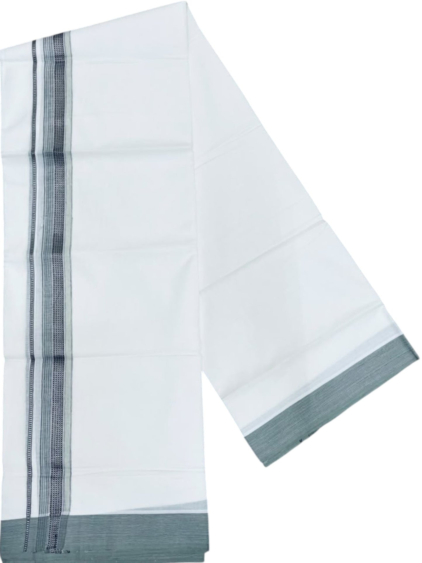 Southloom White Cotton Mundu with Light Green & Silver Line Border (South Indian Kerala Dhoti)
