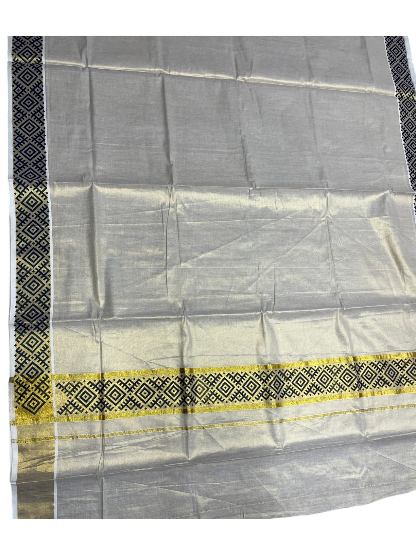 Southloom Kerala Tissue Kasavu Plain Saree Blue Hand Printed SL350