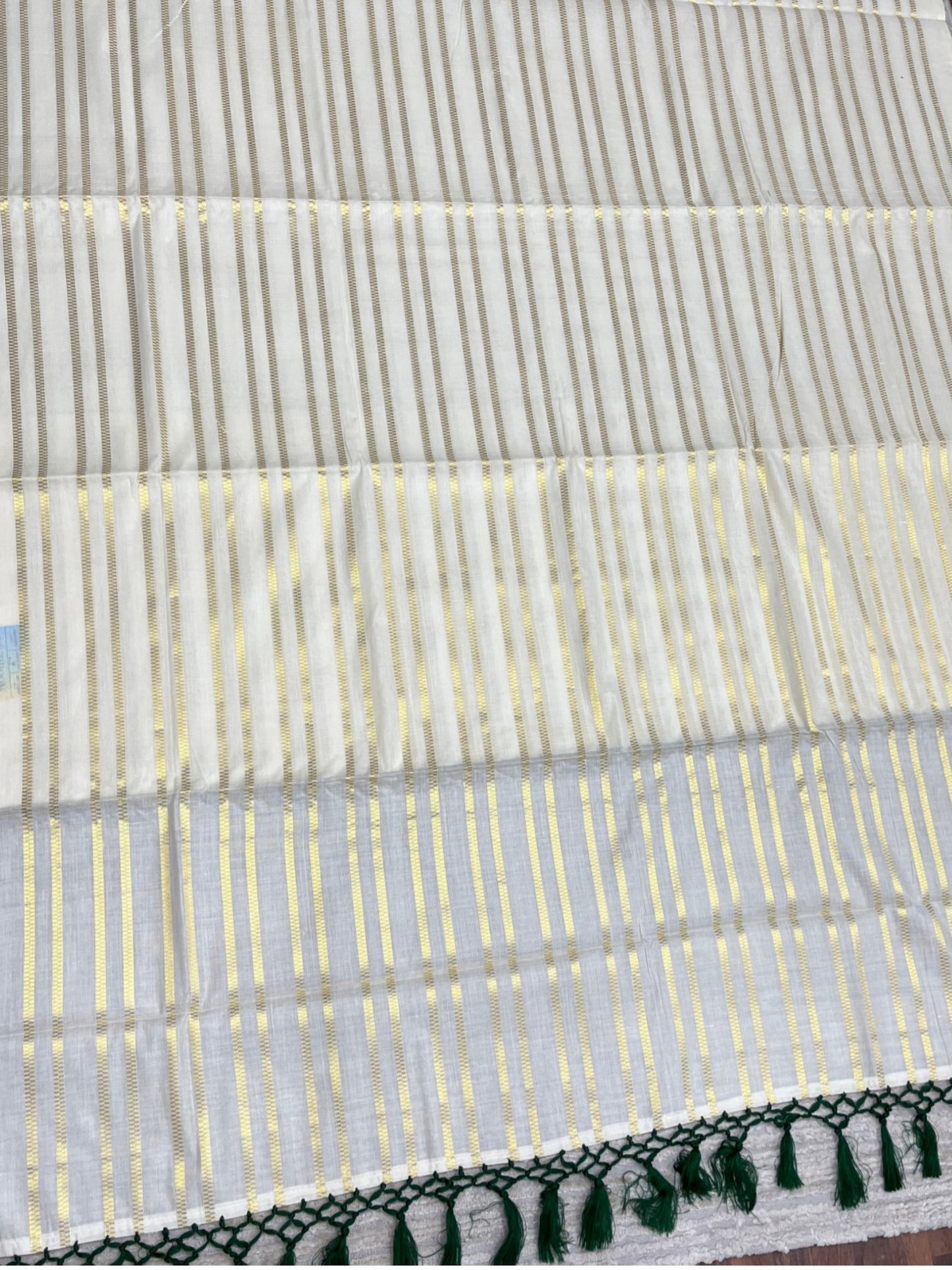 Southloom Cotton Kerala Kasavu Saree with Stripes on Body and Green Tussels