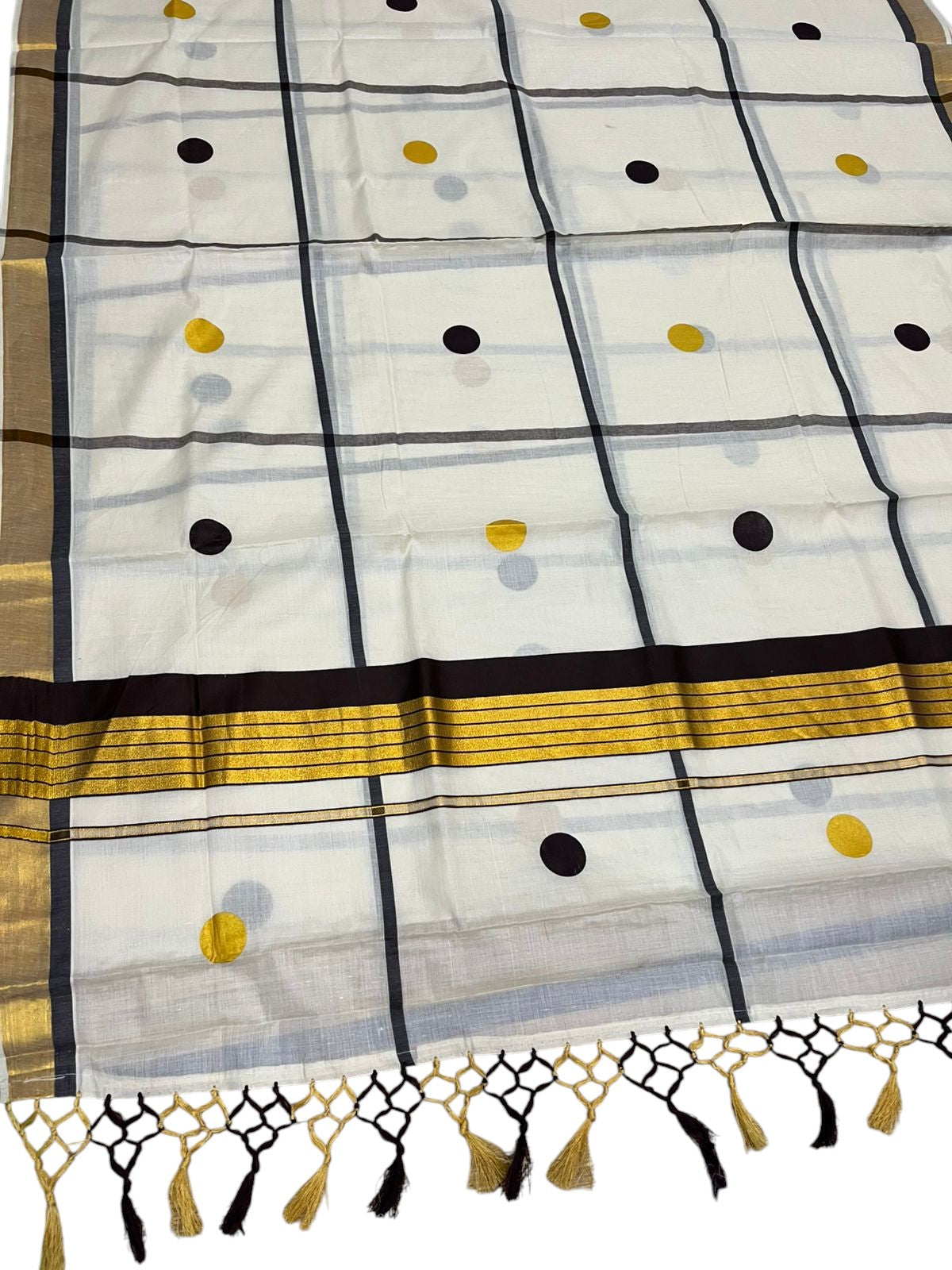 Southloom Kerala Cotton Kasavu Saree with Brown & Gold Polka Works on Body