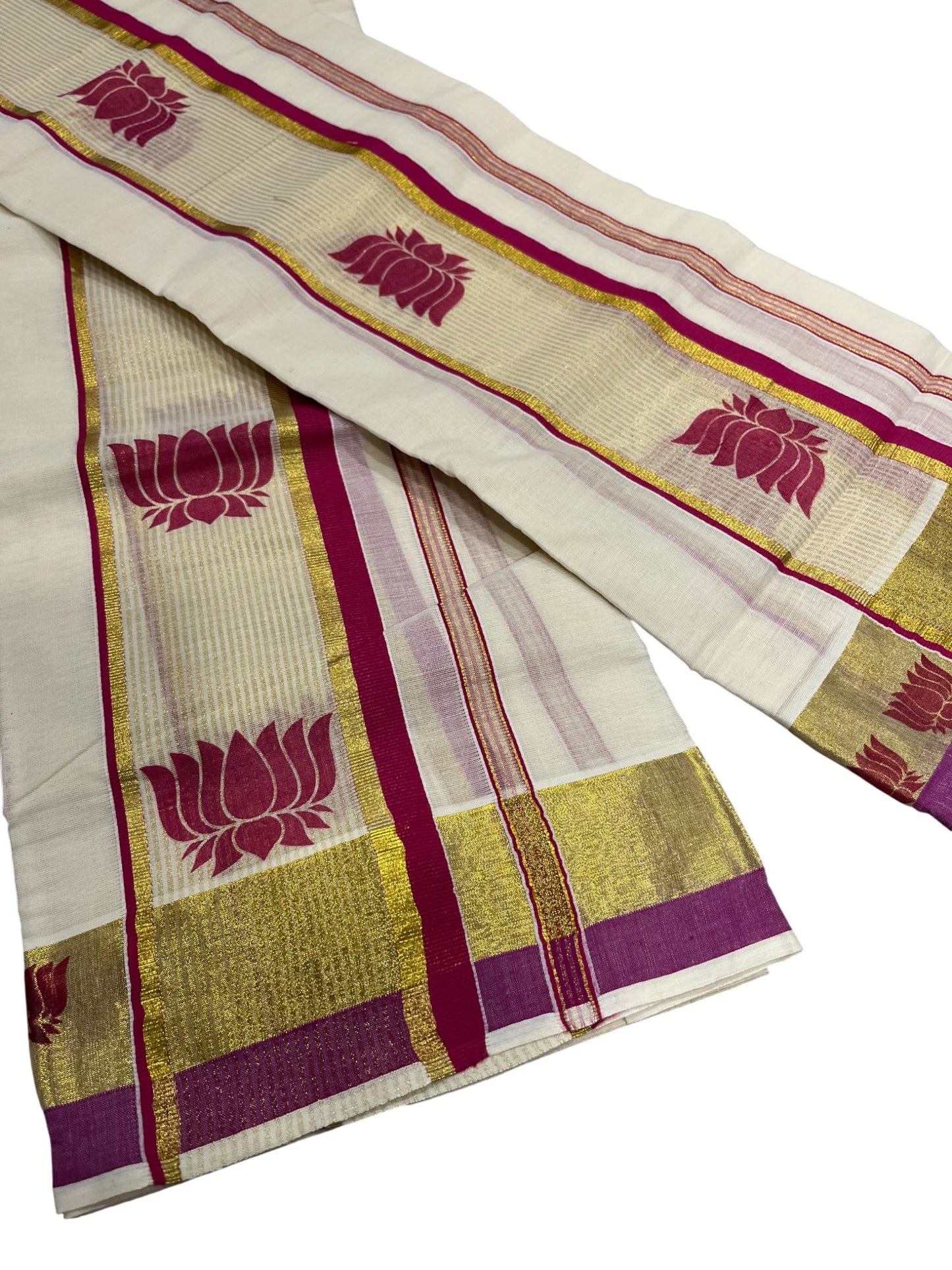 Southloom Kerala Cotton Kasavu  Set Mundu (Mundum Neriyathum) with Pink Lotus Prints