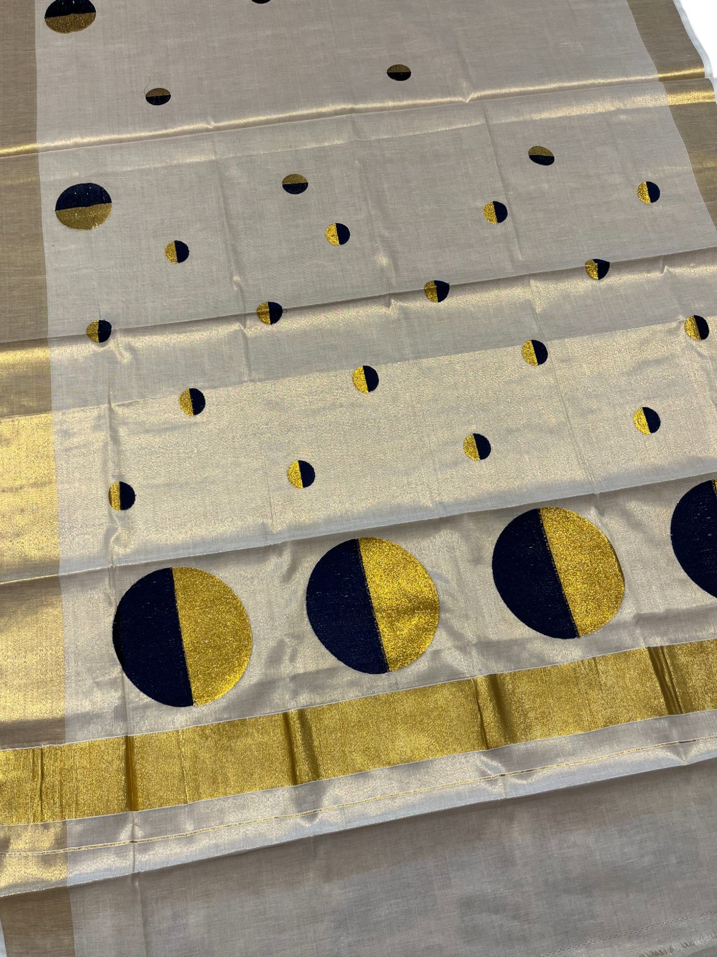 Southloom Kerala Tissue Kasavu Saree With Blue Polka Dots Embroidery on Body