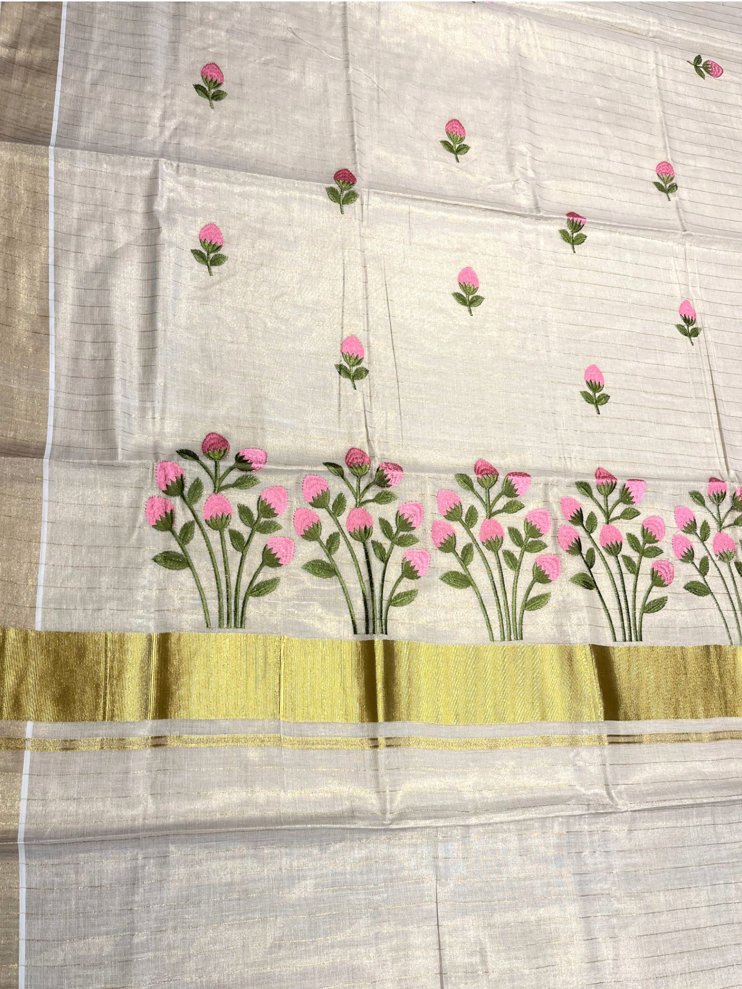 Southloom Tissue Kerala Kasavu Saree with Floral Embroidery Design