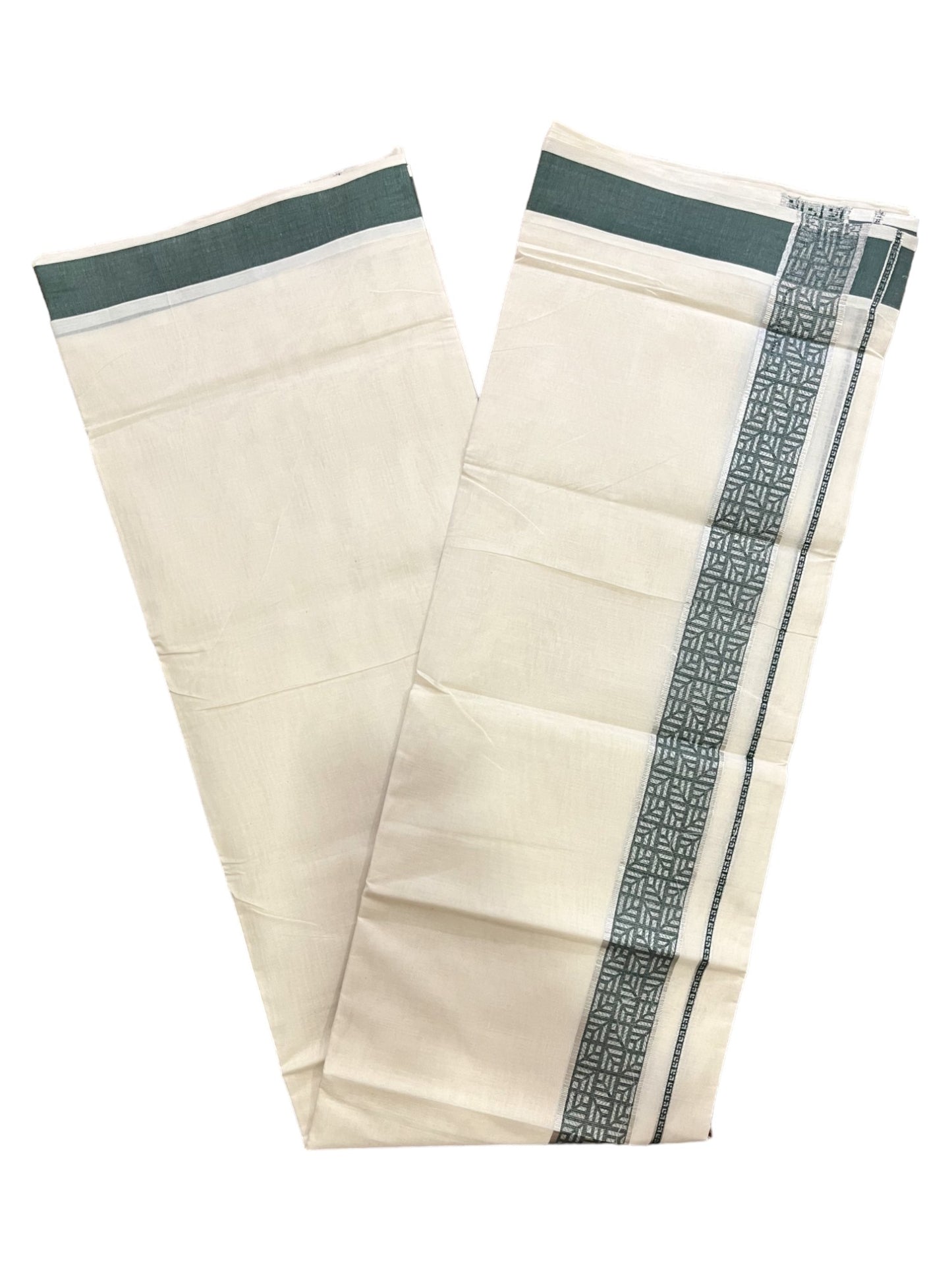 Kerala Pure Cotton Double Mundu with Silver Kasavu and Dark Green Woven Border (Vishu 2024 Collection)