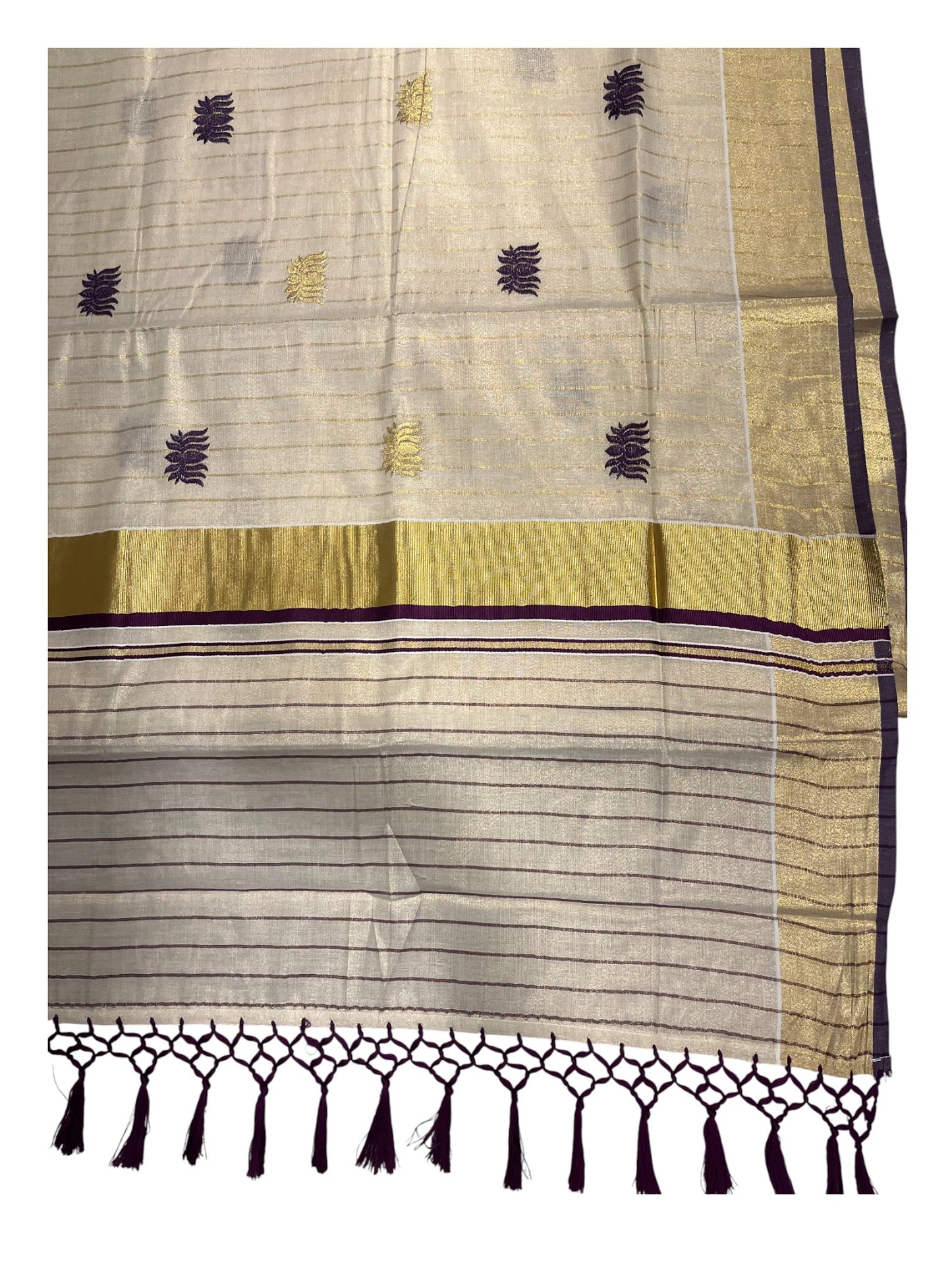 Southloom Kerala Tissue Kasavu Line Saree with Purple Lotus Embroidery Works