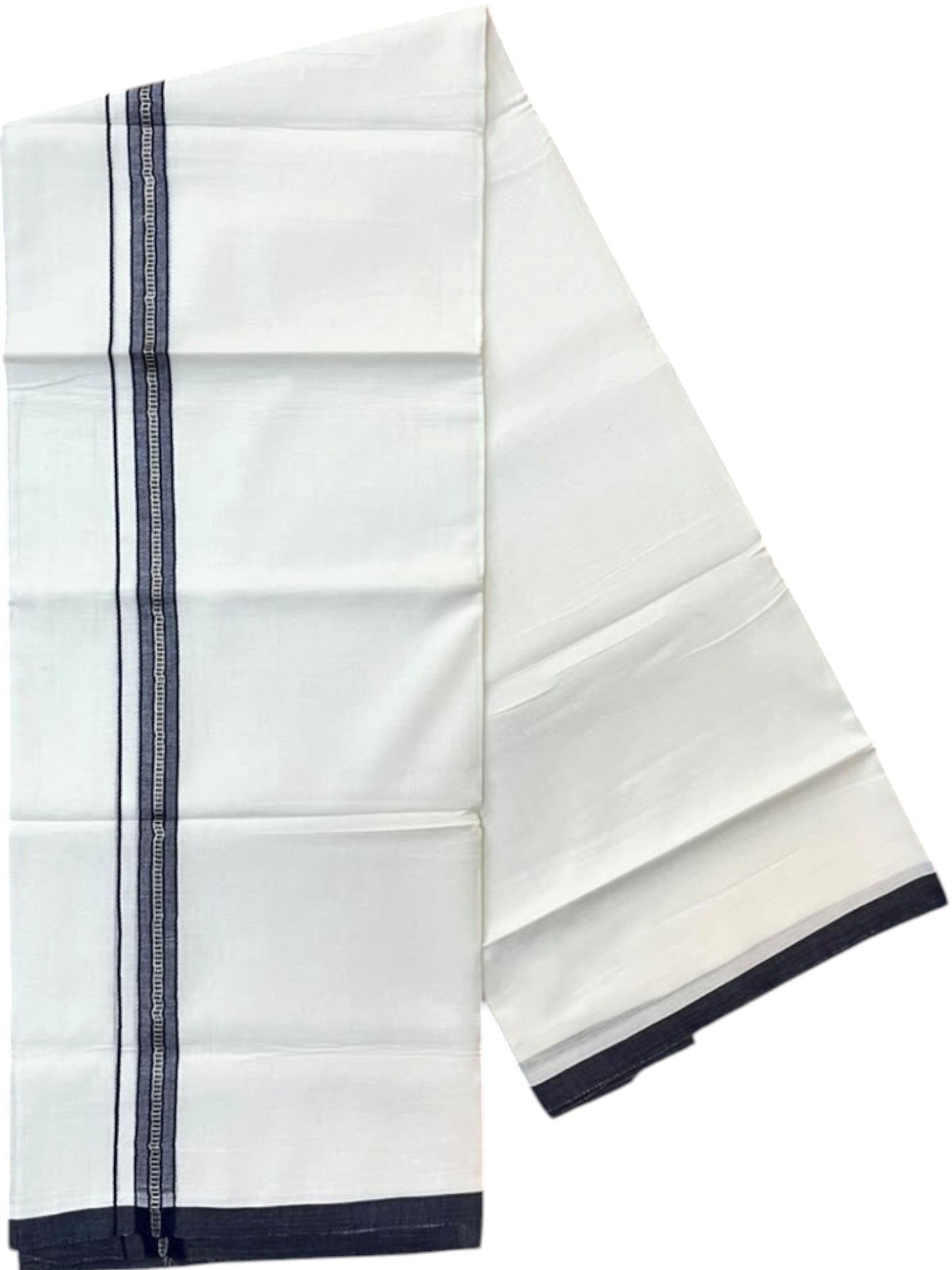 Southloom Pure White Cotton Mundu with Blue & Silver Line Border (South Indian Kerala Dhoti)