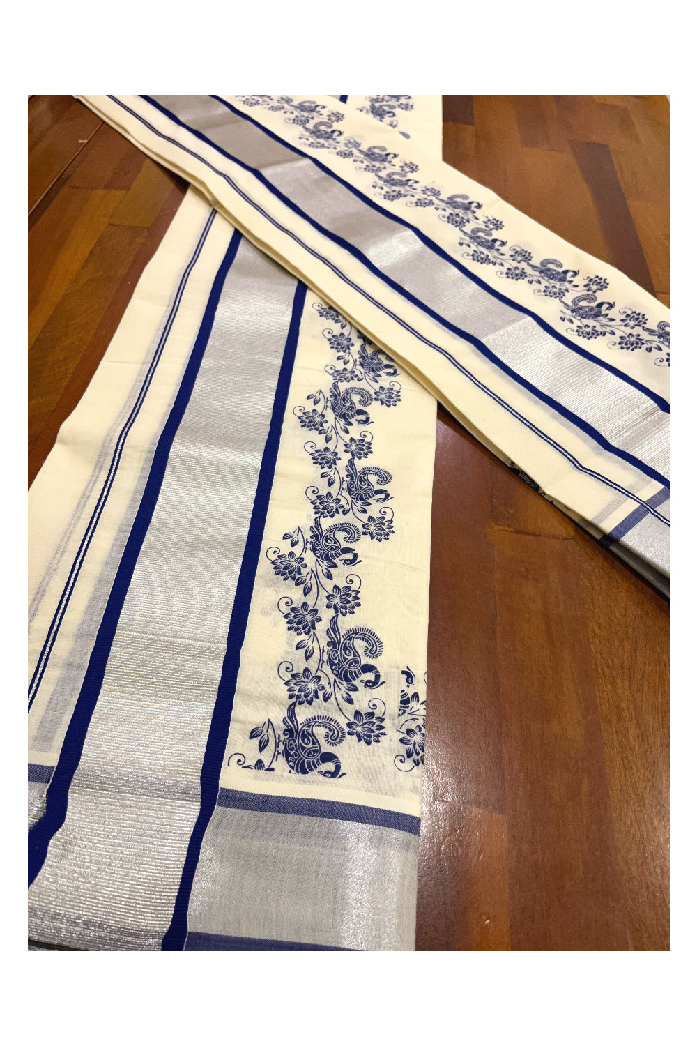 Pure Cotton Kerala Single Set Mundu (Mundum Neriyathum) with Blue Block Printed Silver Kasavu Border