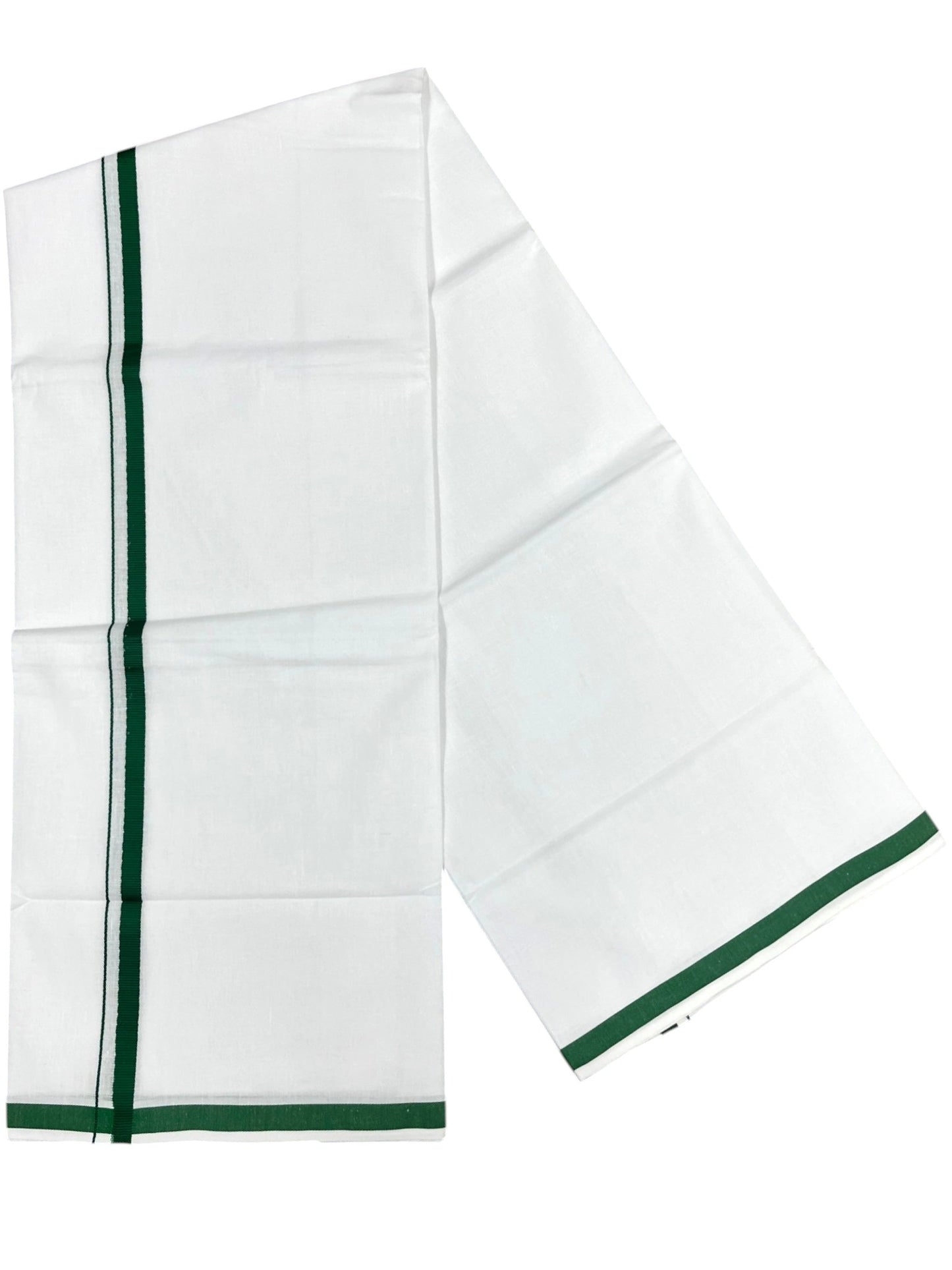 Southloom Pure White Cotton Single Mundu with Green Border (South Indian Kerala Dhoti)