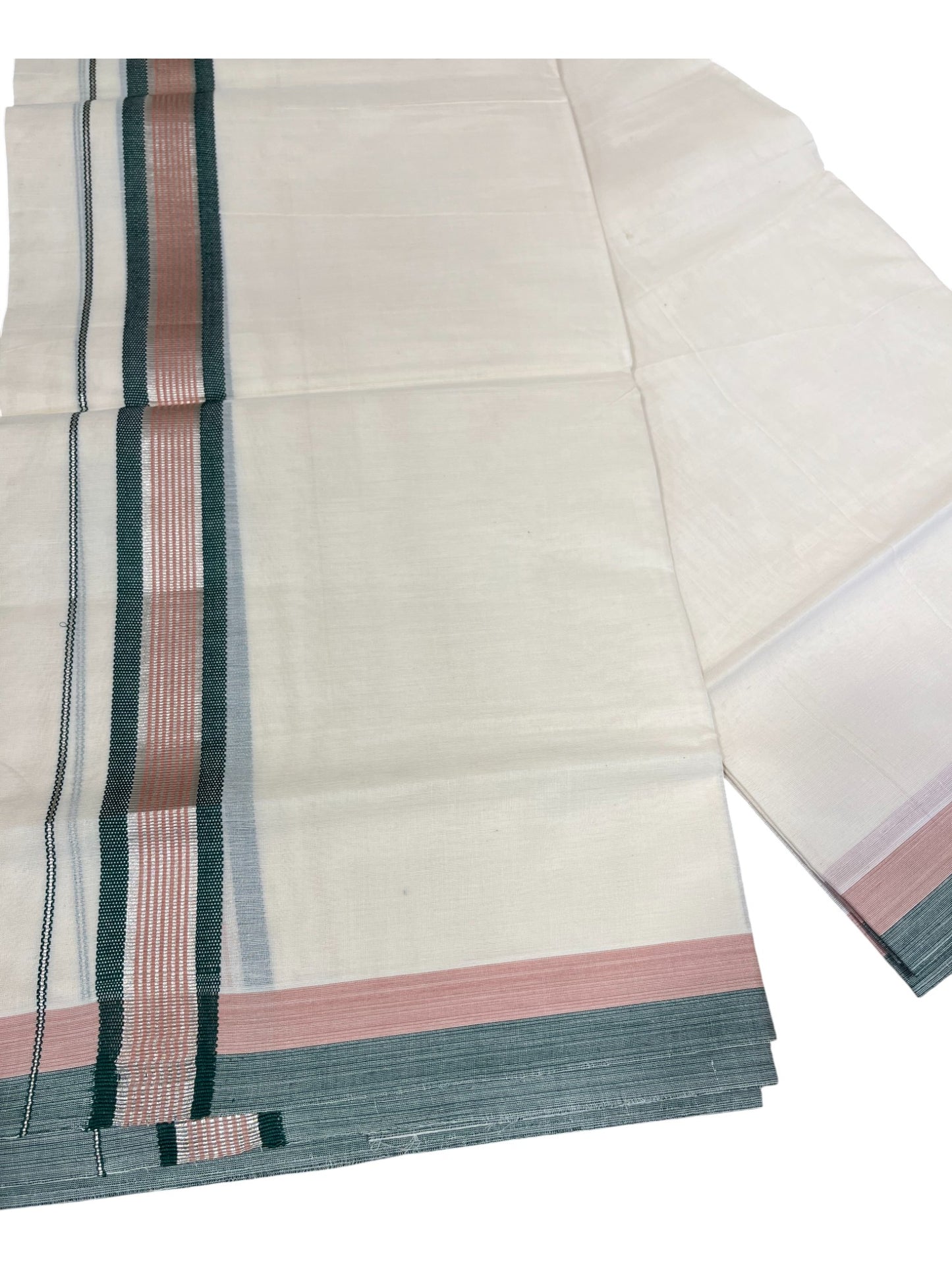 Southloom Kerala Pure Cotton Double Mundu with Green And Peach Silver Lines Border (South Indian Dhoti)