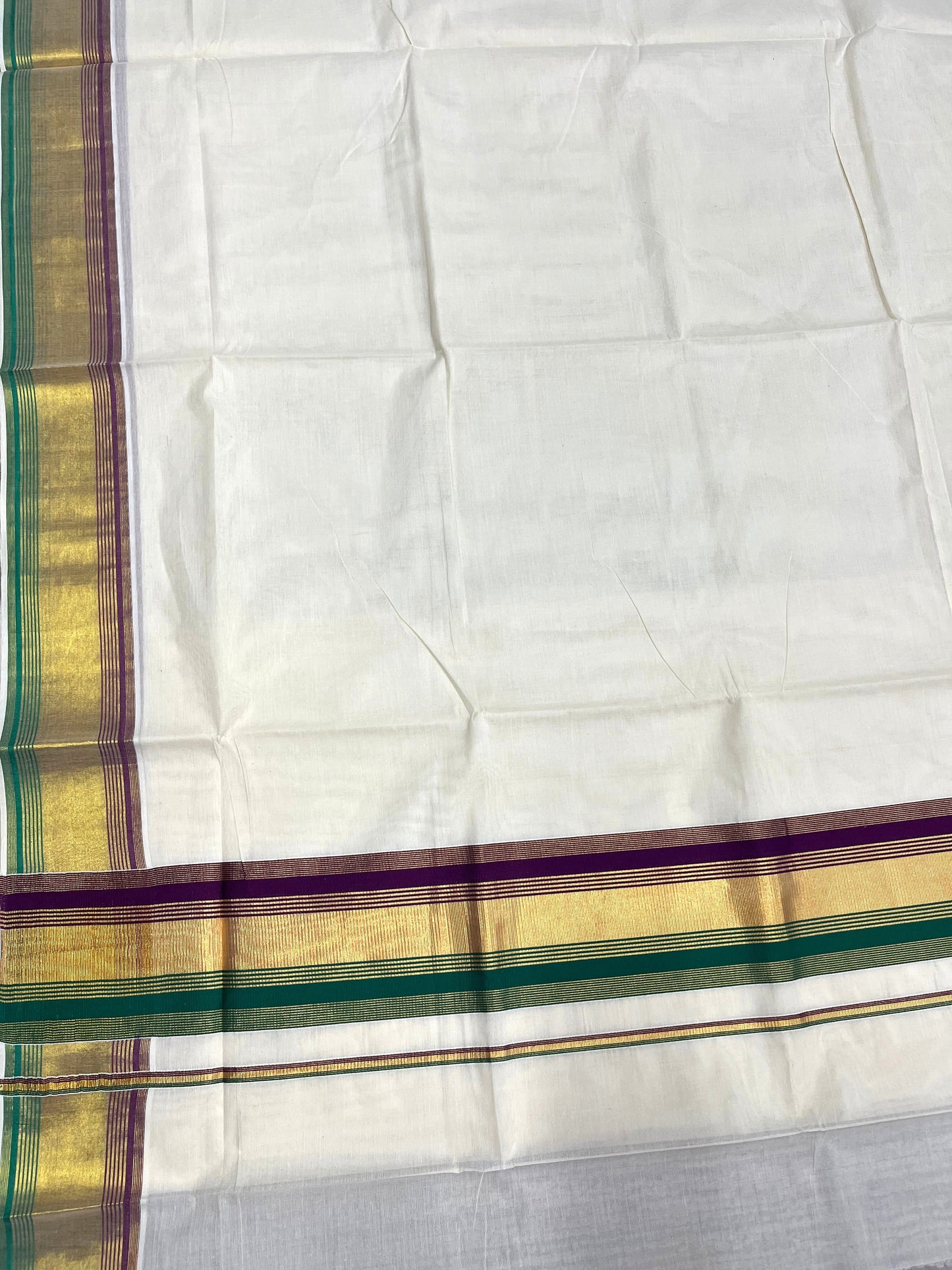 Southloom Kerala Cotton Kasavu Saree with Green And Purple Border