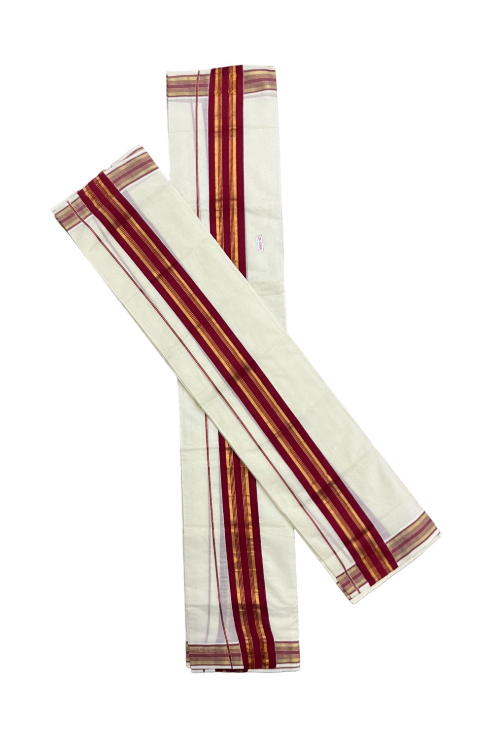 Southloom Kerala Cotton Set Mundu (Mundum Neriyathum) with Maroon and Kasavu Border 2.80 Mtrs SLKK