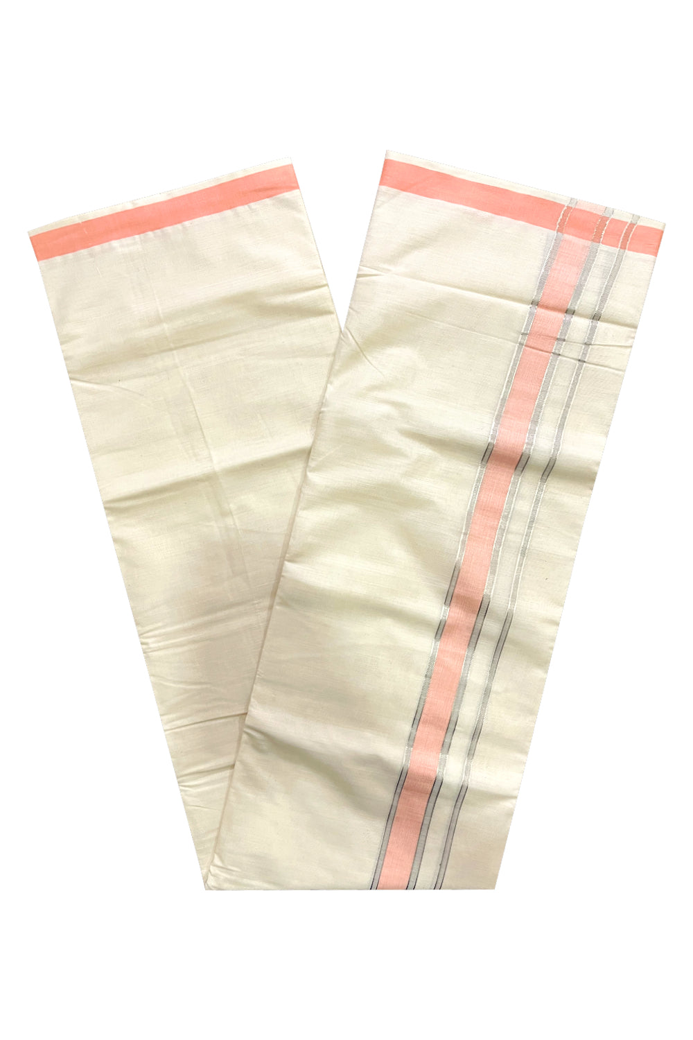 Pure Cotton Kerala Double Mundu with Silver Kasavu and Peach Border (South Indian Kerala Dhoti)