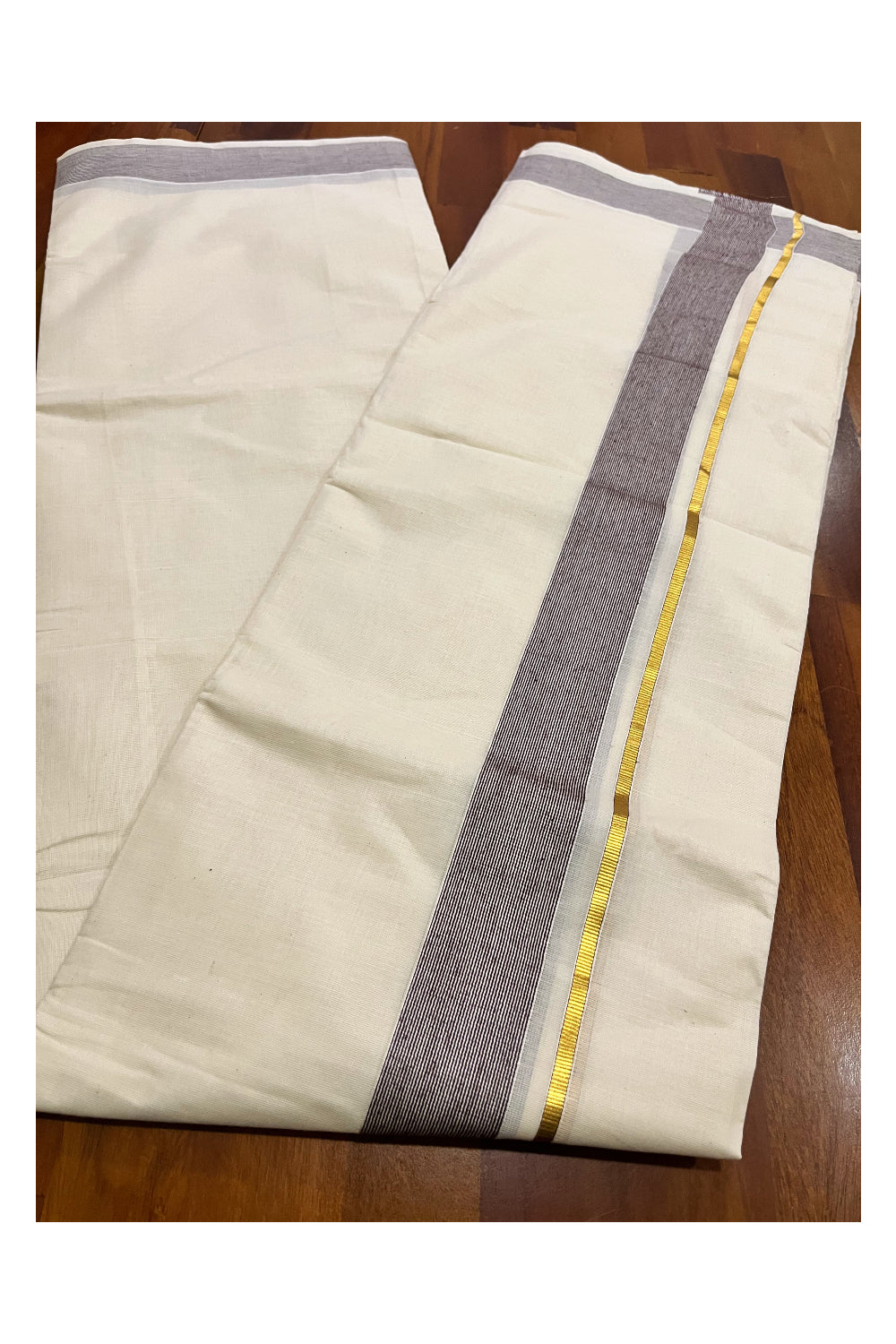 Pure Cotton Mundu with Brown Lines and Kasavu Border (South Indian Kerala Dhoti)