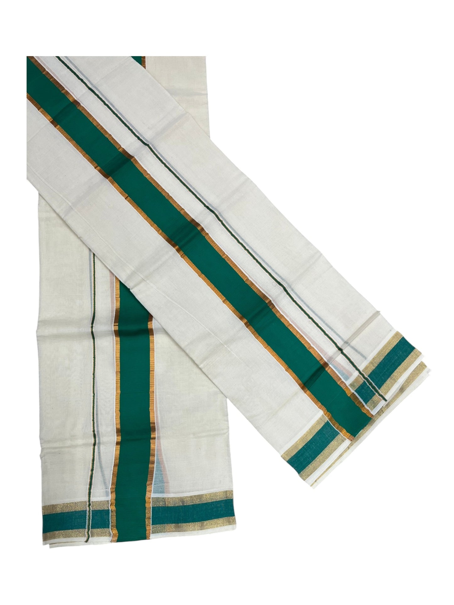 Kerala Cotton Single Set Mundu (Mundum Neriyathum) with Kasavu and  Green Border in 2.80 Mtrs
