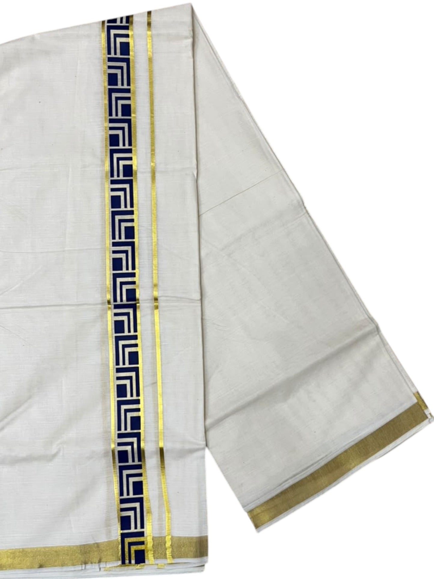 Southloom Pure Cotton Double Mundu with Blue Block Printed And Ksavu Border (South Indian Kerala Dhoti)