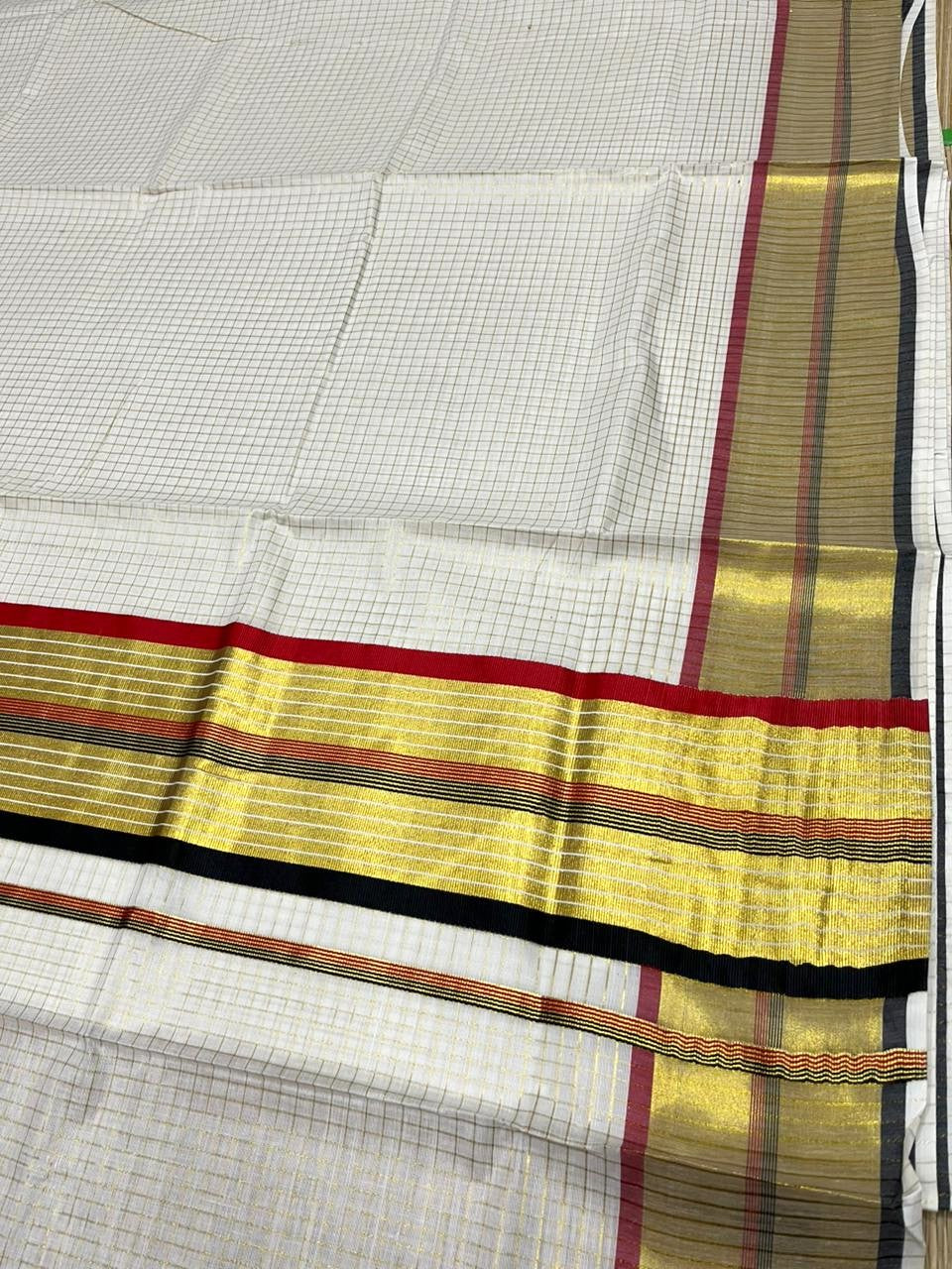 Southloom Kerala Cotton Kasavu Saree with Micro Check Design on Body in Red & Black Border SL453