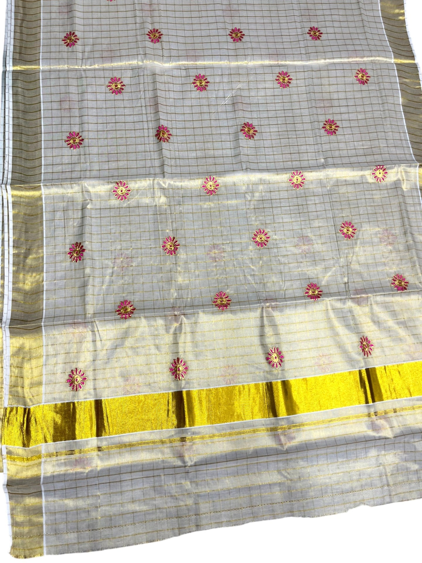 Southloom Tissue Kerala Kasavu Check Saree with Floral Embroidery Design in Pink