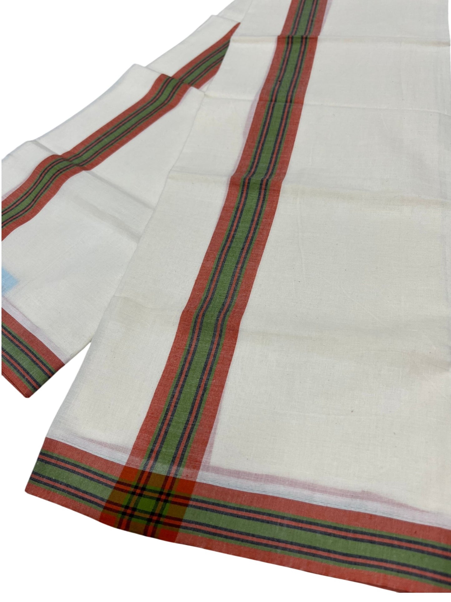 Southloom Pure Cotton Kerala Single Mulloth Set Mundu (Mundum Neriyathum) orange & Green Border in 2.50 mtrs SL243