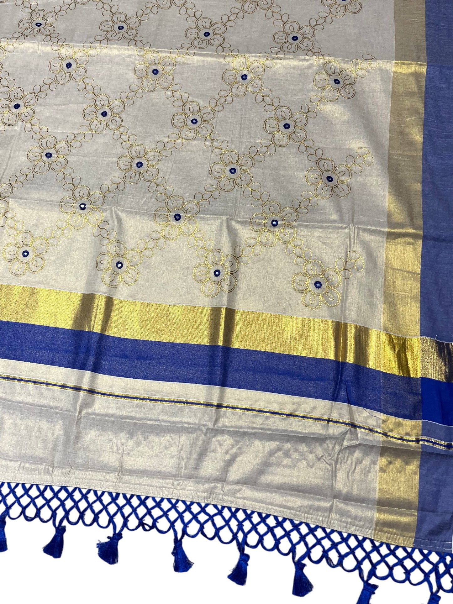 Kerala Tissue Kasavu Stripes Saree with Gold and Blue Floral Embroidery Design on Body SL269
