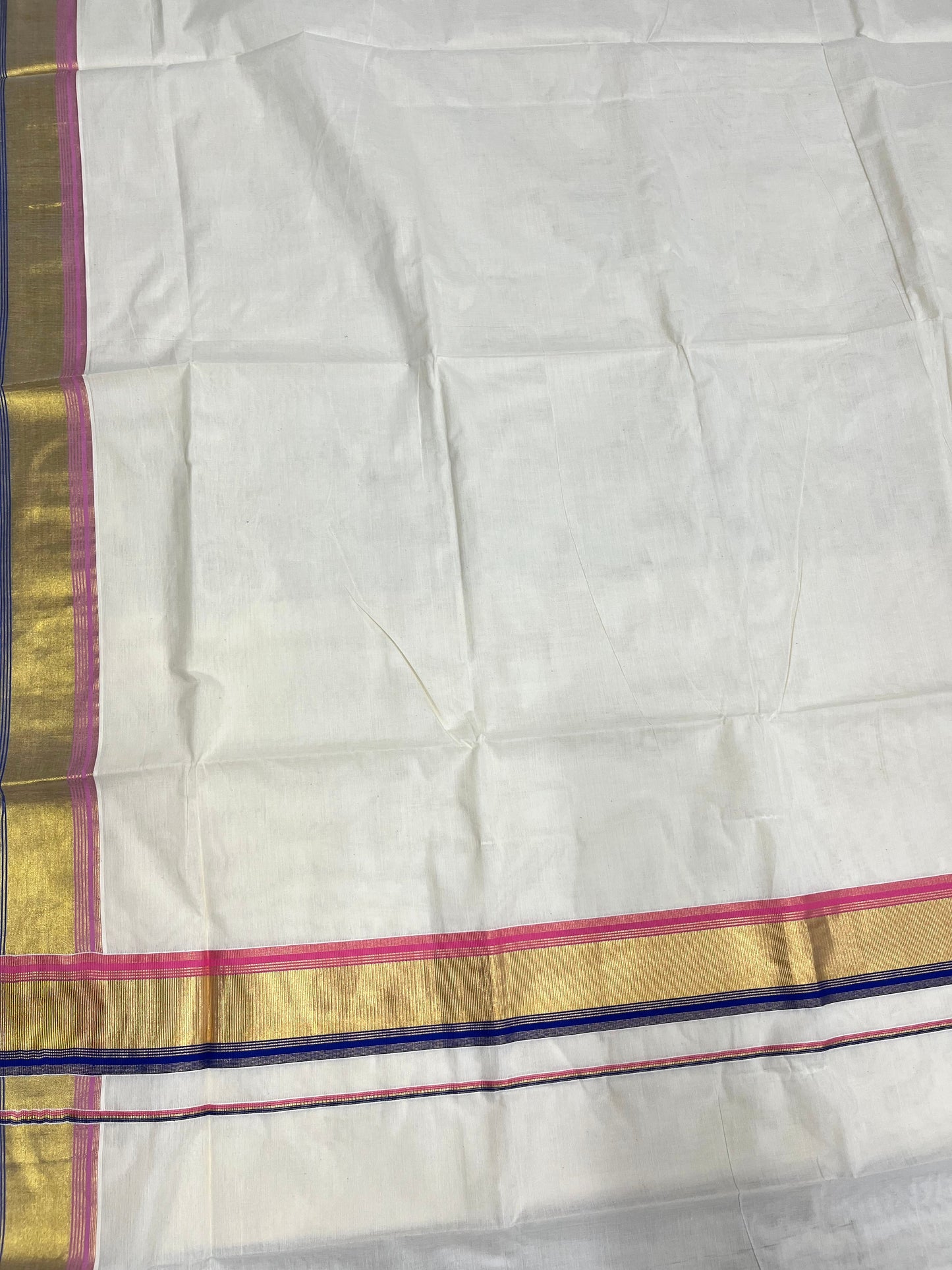 Southloom Kerala Cotton Kasavu Saree with Blue And Pink Border