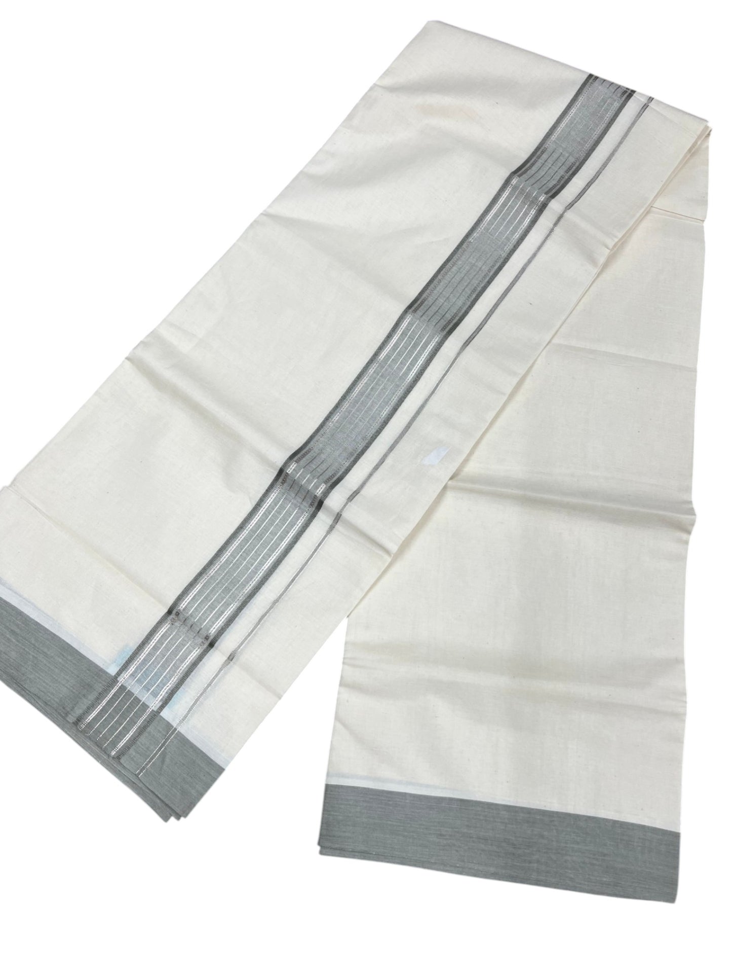Southloom Kerala Pure Cotton Double Mundu with Silver Lines and Grey Border with (South Indian Dhoti)