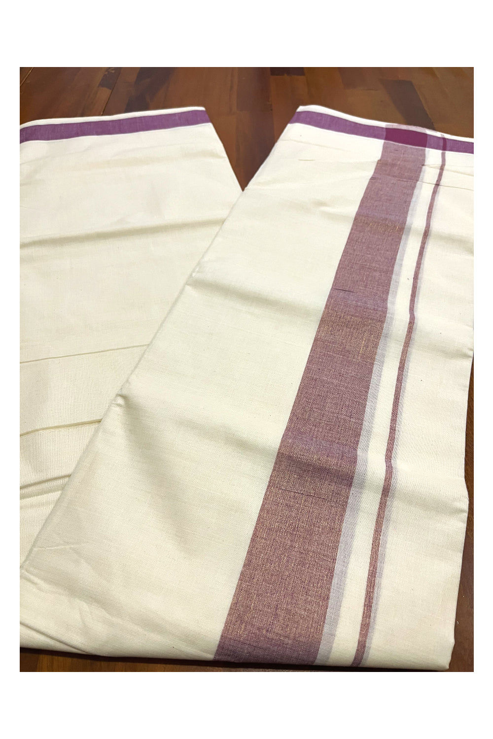 Pure Cotton Kerala Double Mundu with Purple Kasavu Kara (South Indian Kerala Dhoti)