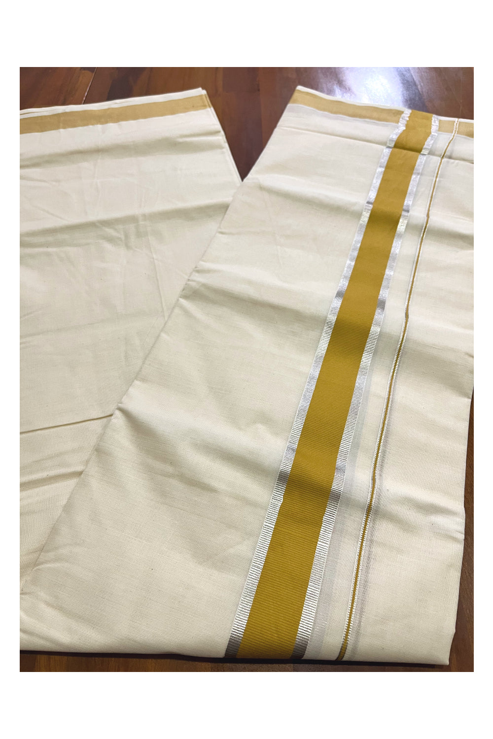 Pure Cotton Double Mundu with Yellow and Silver Kasavu Kara (South Indian Kerala Dhoti)