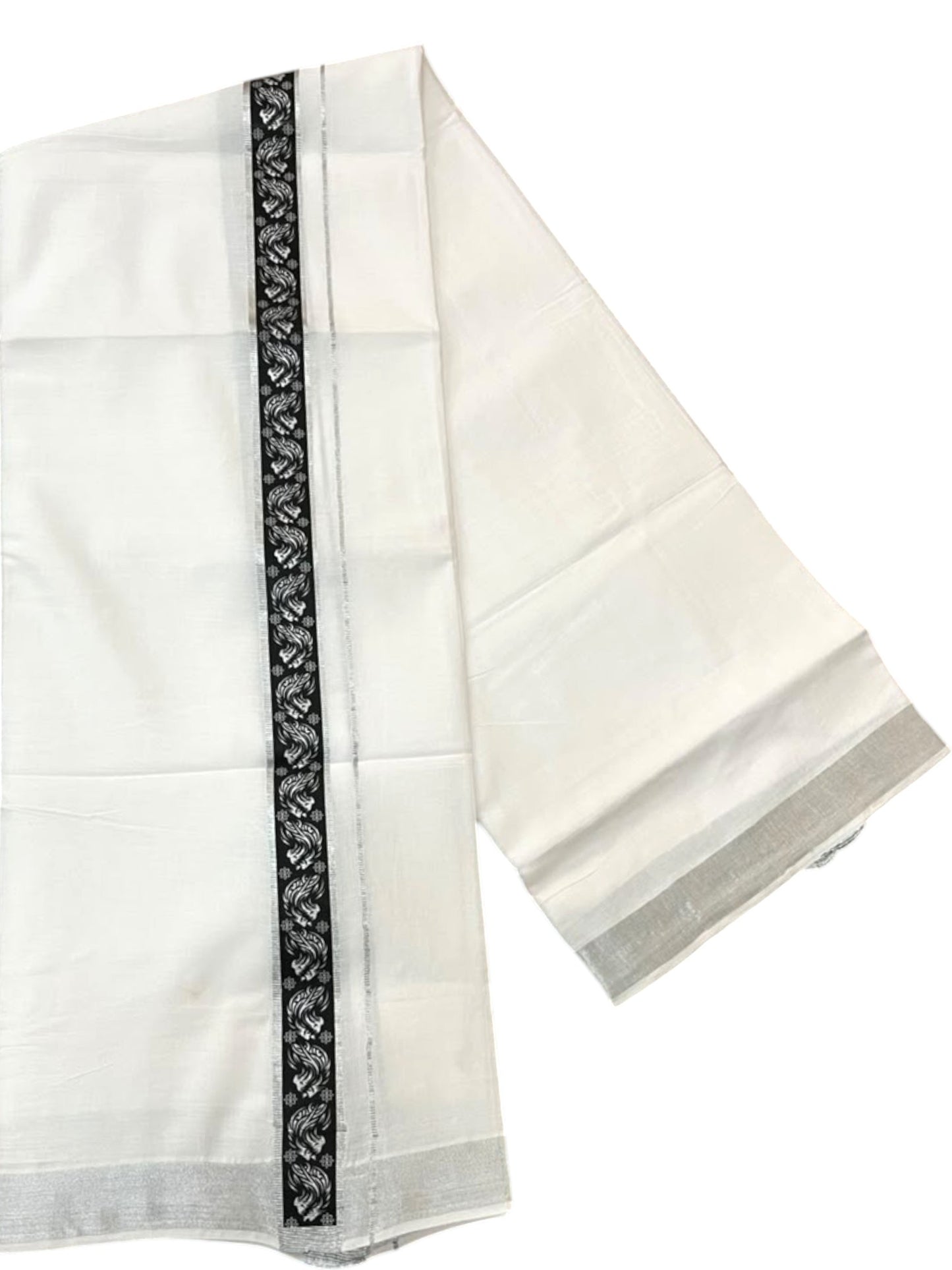 Southloom Pure White Cotton Mundu with Black and Silver Kasavu Border (South Indian Kerala Dhoti)