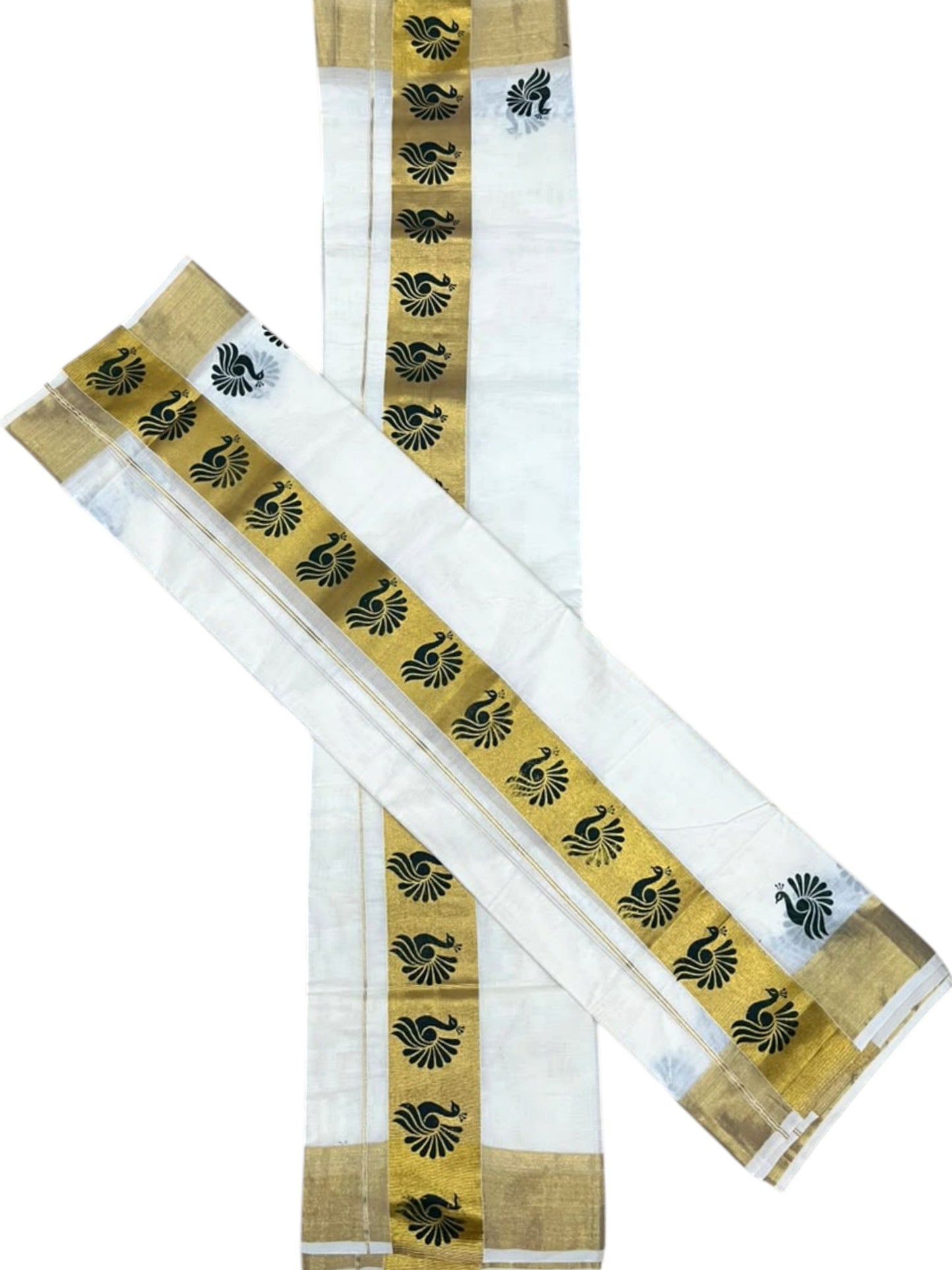 Southloom Pure Cotton Set Mundu with Gold Kasavu and Green Floral Digital Print in 2.80 Mtrs SL383
