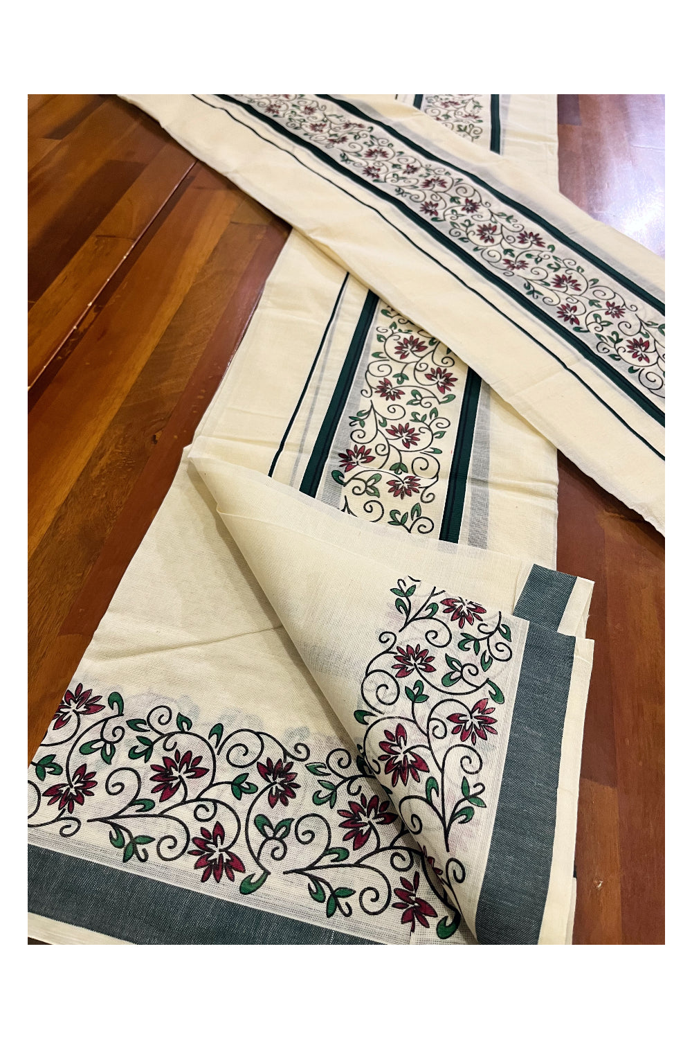 Kerala Cotton Set Mundu Single (Mundum Neriyathum) with Dark Green Floral Block Printed Border