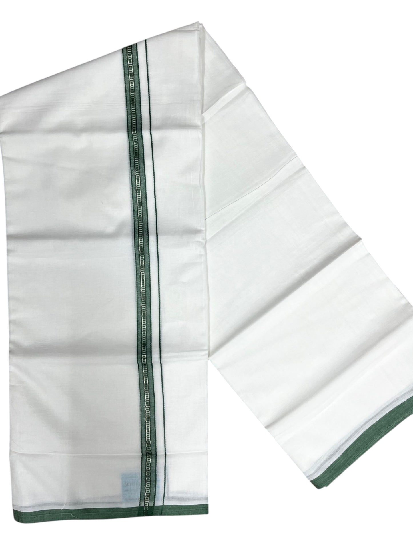Southloom Pure White Cotton Mundu with Green & Silver Line Border (South Indian Kerala Dhoti)
