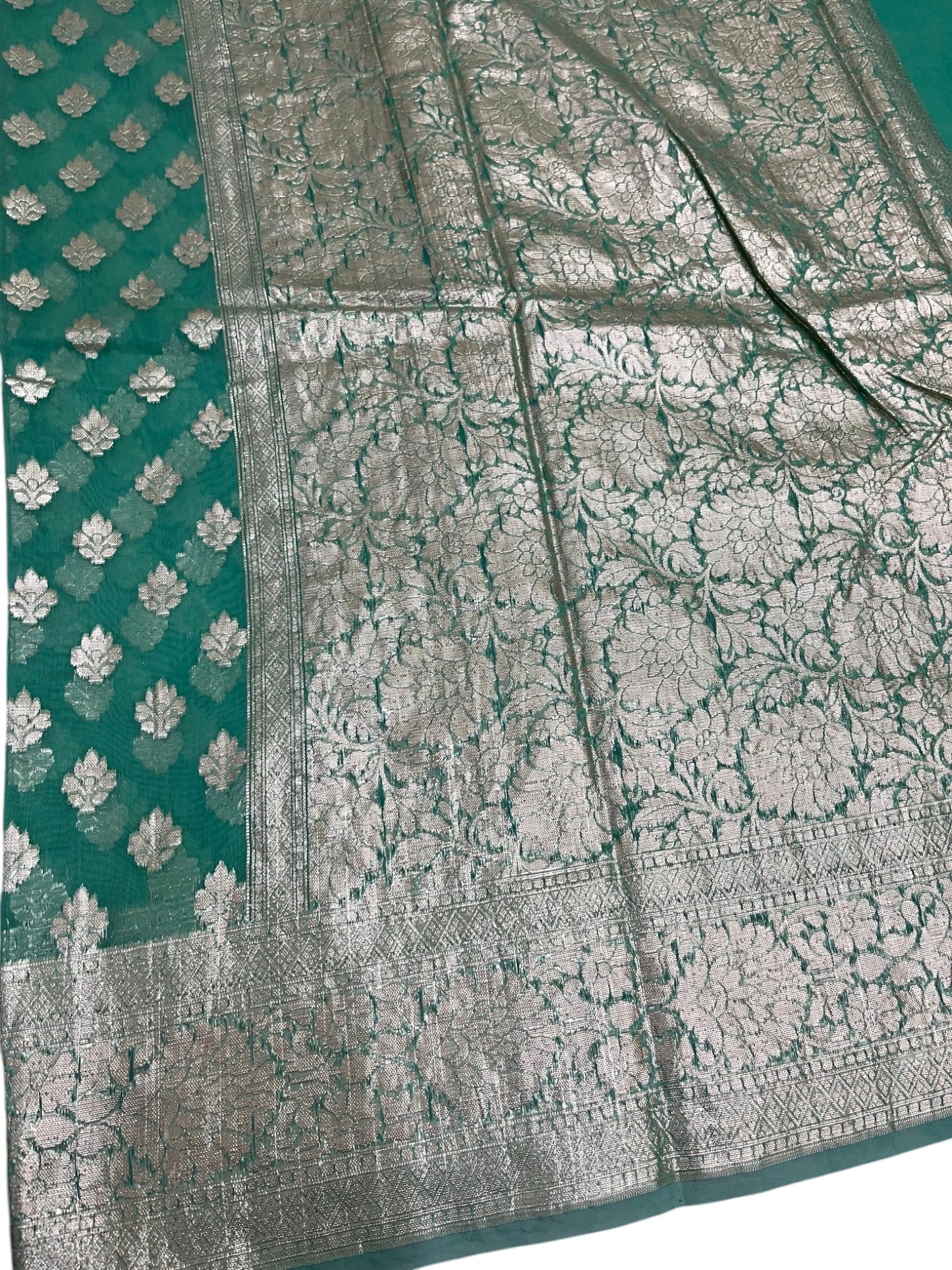 Southloom Cotton Banarasi Silk Saree with Woven Work on Body and Borders (Green)