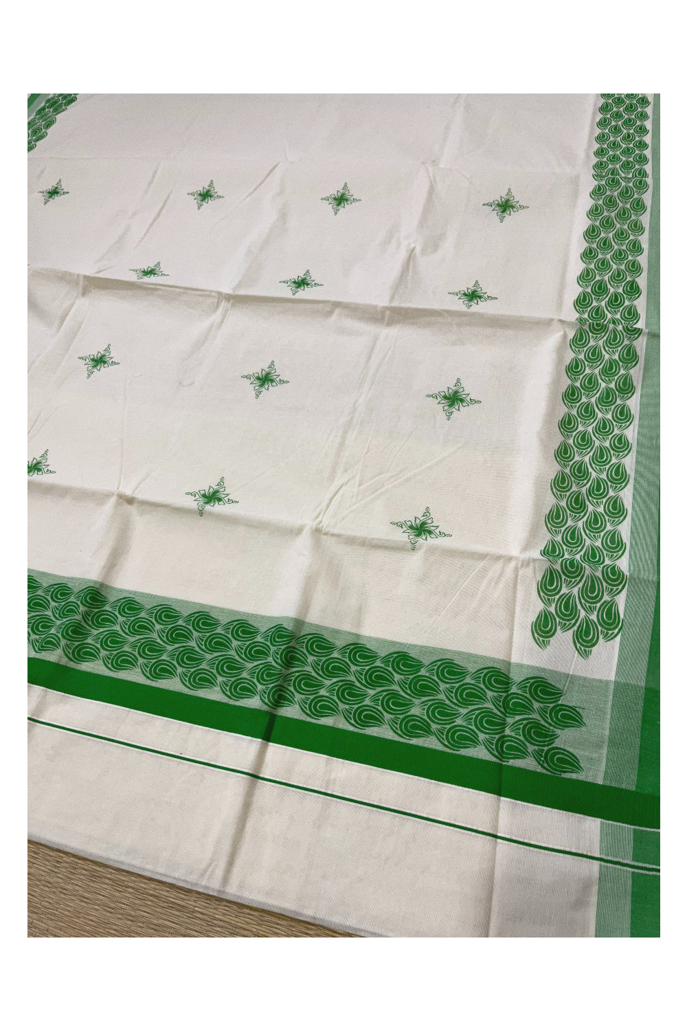 Pure Cotton Off White Kerala Saree with Light Green Block Printed Border (Onam Saree 2023)