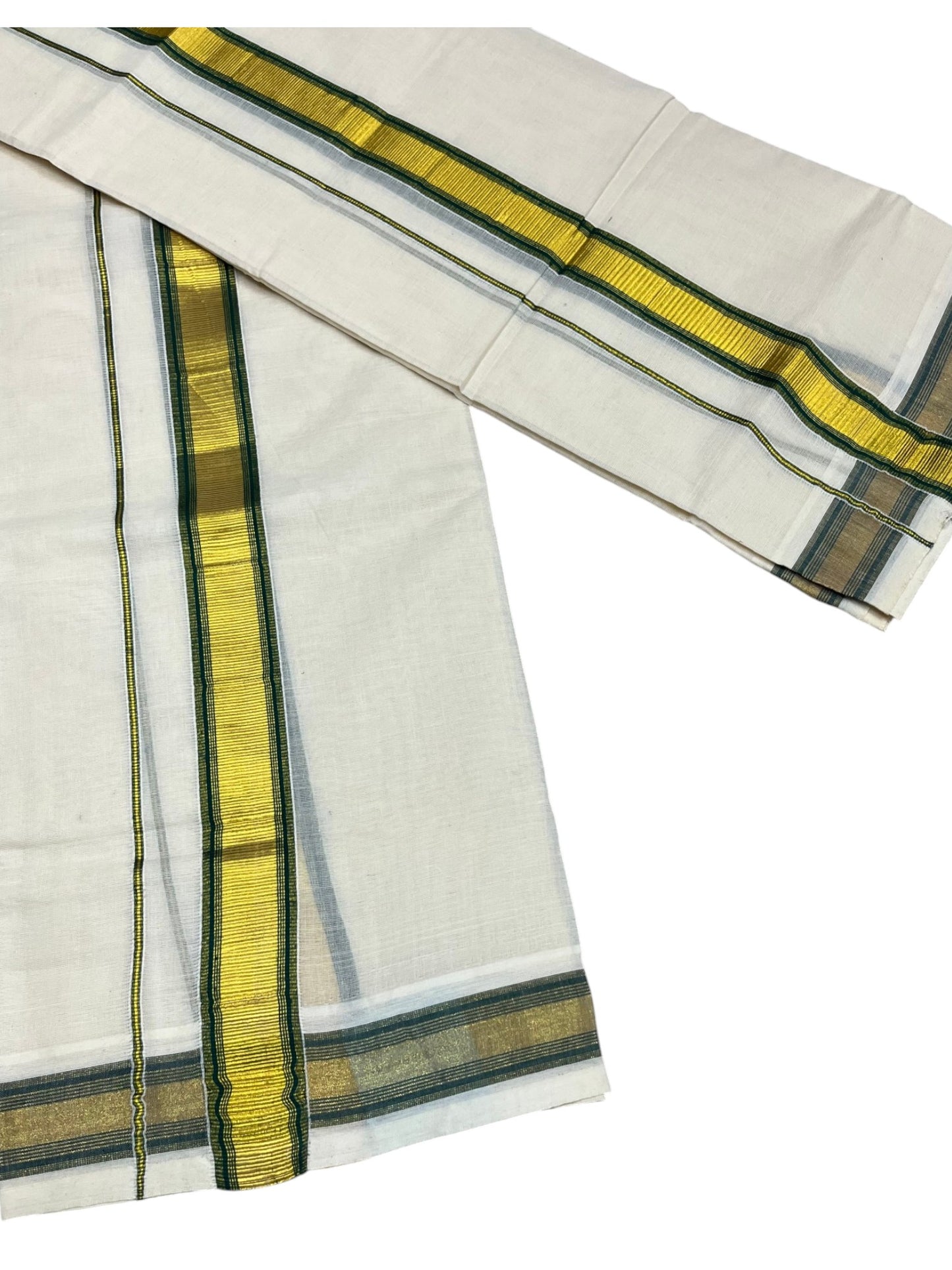 Kerala Cotton Set Mundu (Mundum Neriyathum) with Kasavu and Dark Green Border 2.80 Mtrs SLKK SL470