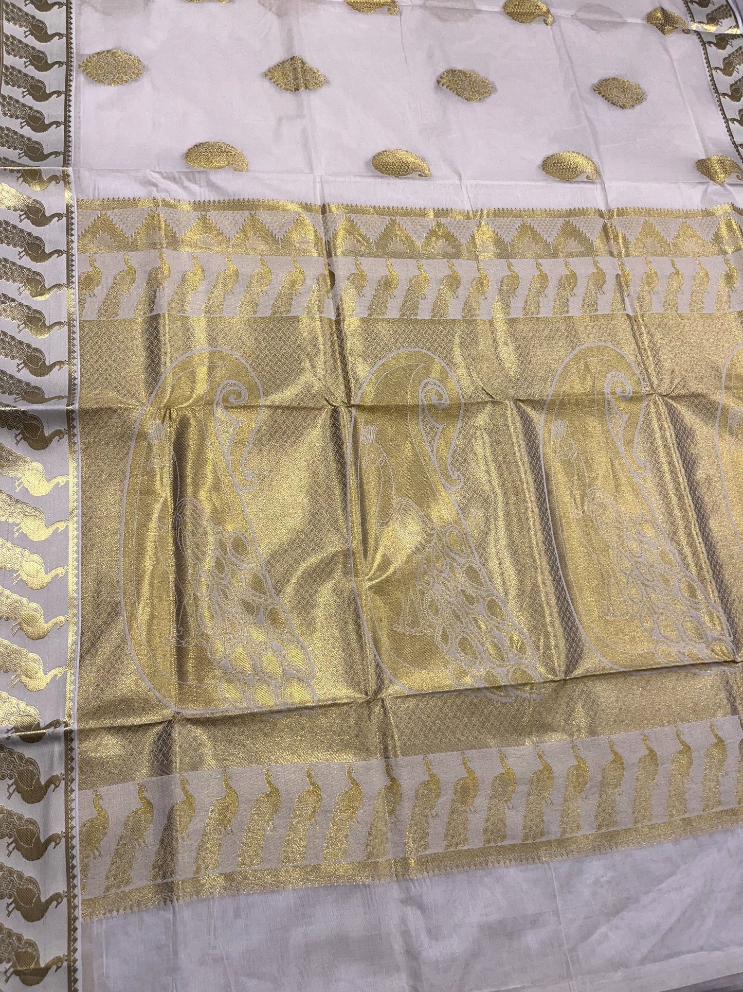 Southloom Cotton Kasavu Replica Saree with Golden Works Across Body and Kasavu Border