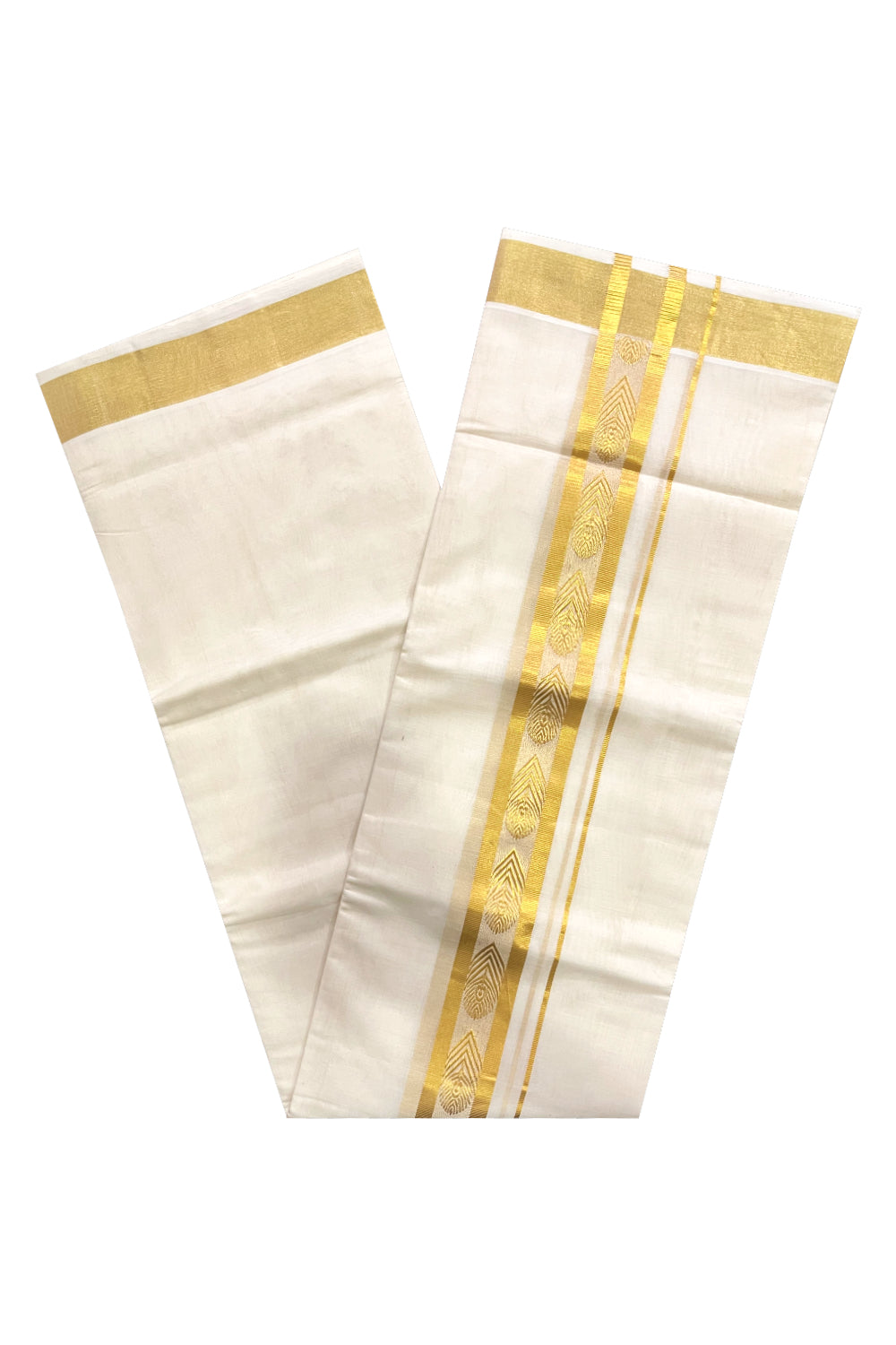 Southloom Premium Handloom Wedding Mundu with Kasavu Feather Woven Border (South Indian Kerala Dhoti)