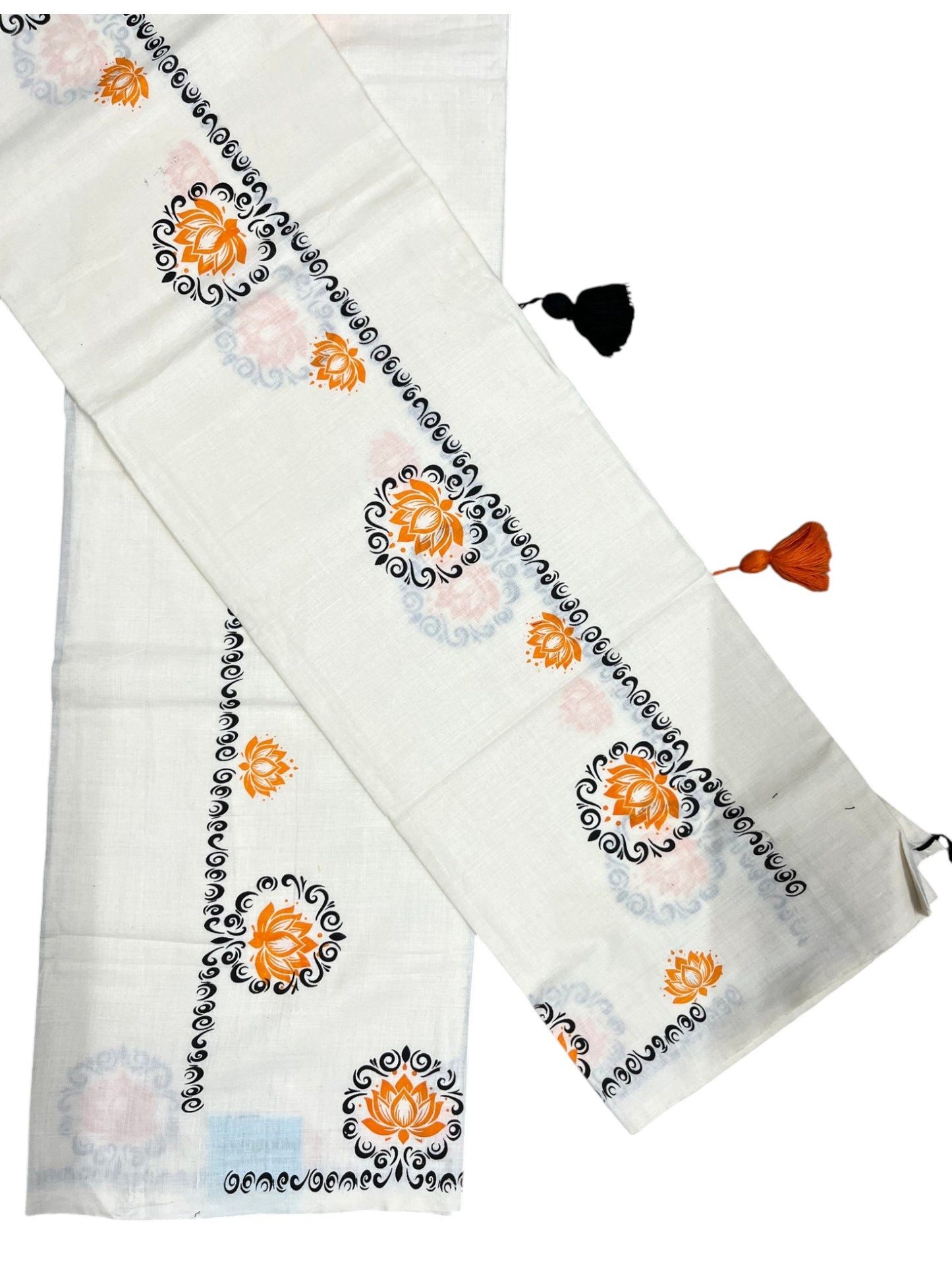 Southloom Kerala Cotton Single Set Mundu (Mundum Neriyathum) with Orange&Black Lotus Block Printed Design