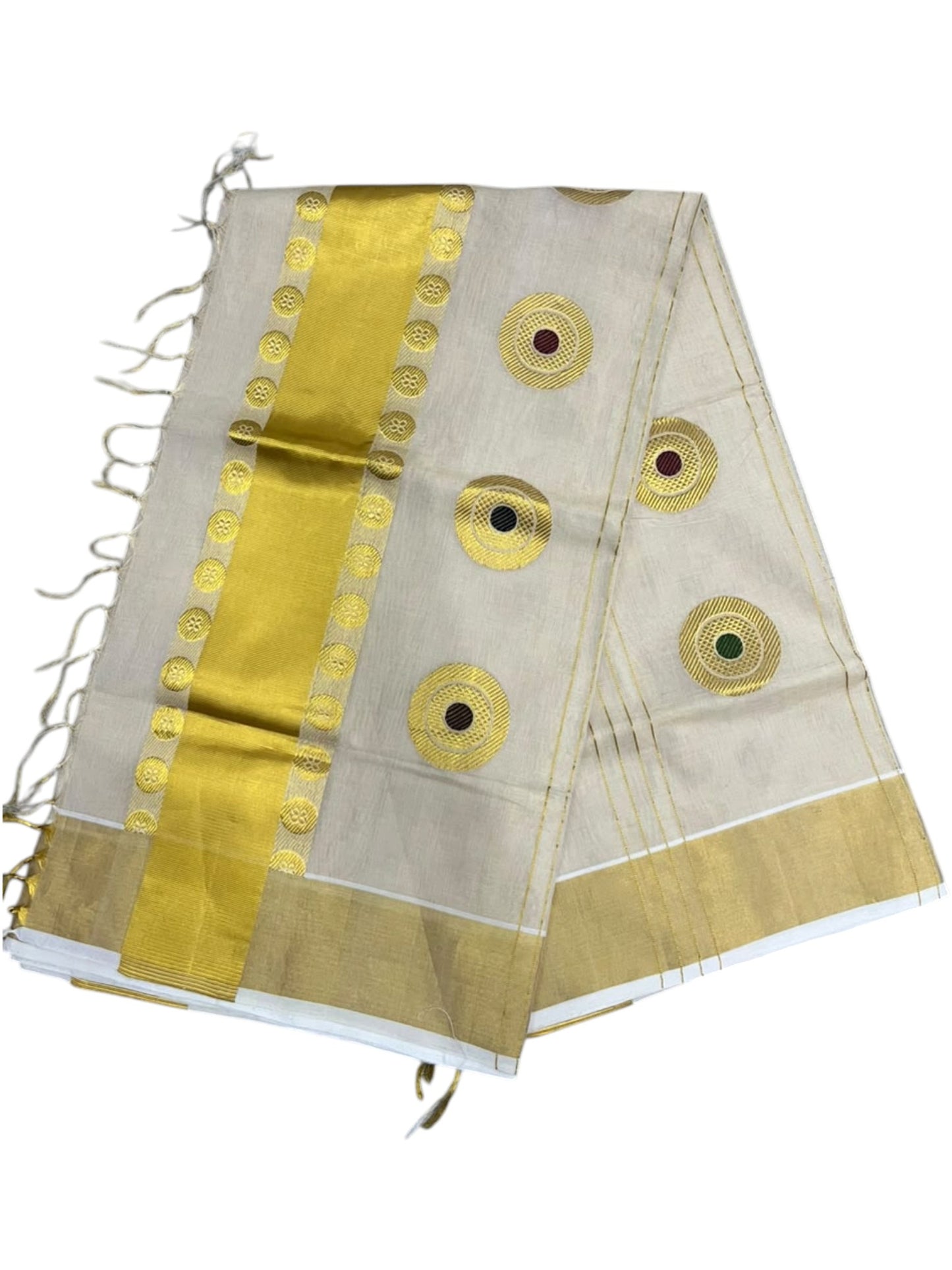 Southloom Super Premium Balaramapuram Handloom Tissue Saree with Butta Design and Gold Kasavu Border