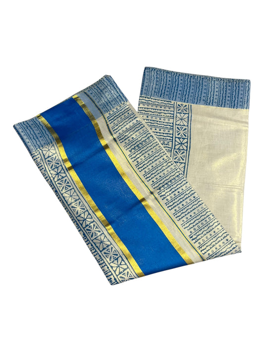 Southloom Tissue Kerala Kasavu Saree with Block Print on Body and Borders in Blue