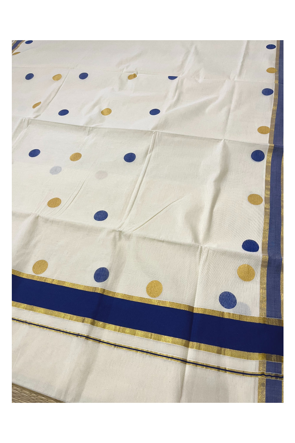 Pure Cotton Kerala Kasavu Saree with Golden and Blue Polka Prints on Body