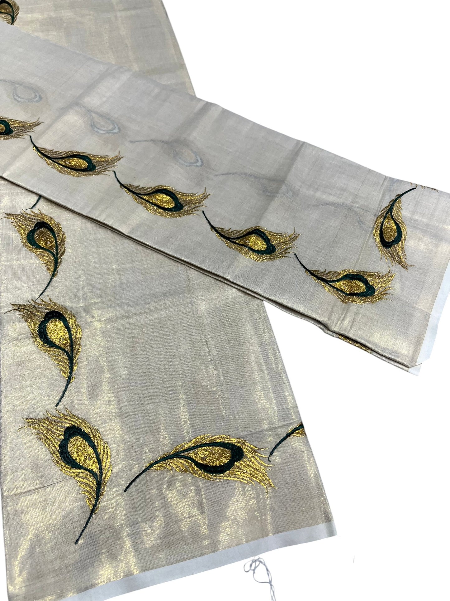 Southloom Kerala Tissue Kasavu Single Set Mundu (Mundum Neriyathum) Green and Golden Feather Embroidery Work