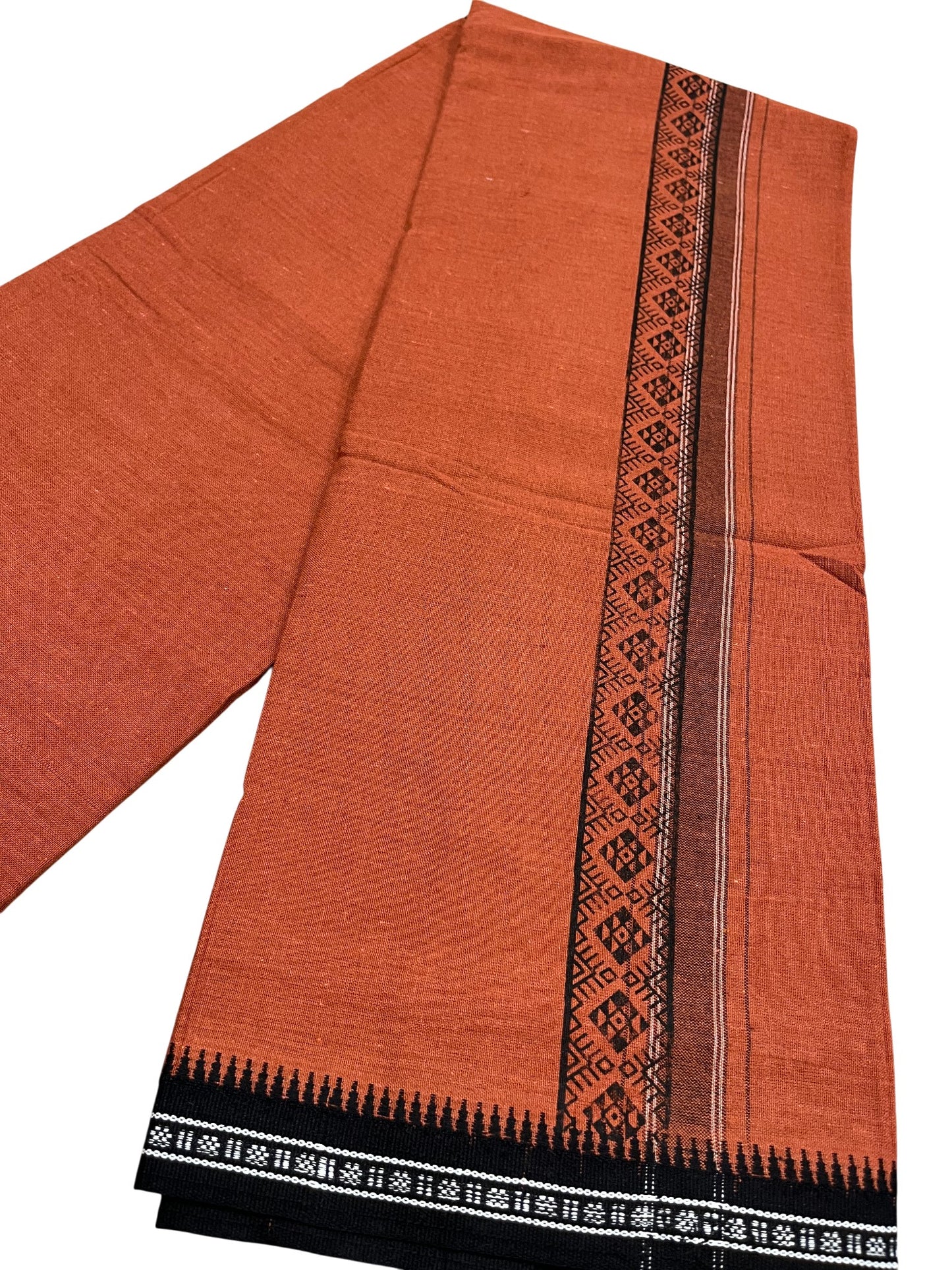 Southloom Saffron (Kaavi) Black Printed Single Mundu / Lungi (South Indian Kerala Dhoti)