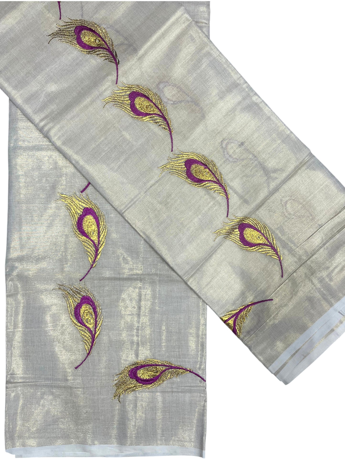 Southloom Kerala Tissue Kasavu Single Set Mundu (Mundum Neriyathum) Magenta and Golden Feather Embroidery Work
