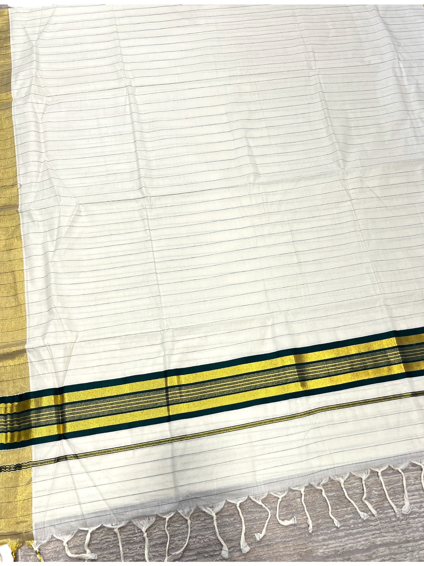 Southloom Kerala Cotton Kasavu Saree with Gold And Green Lines on Body SL331