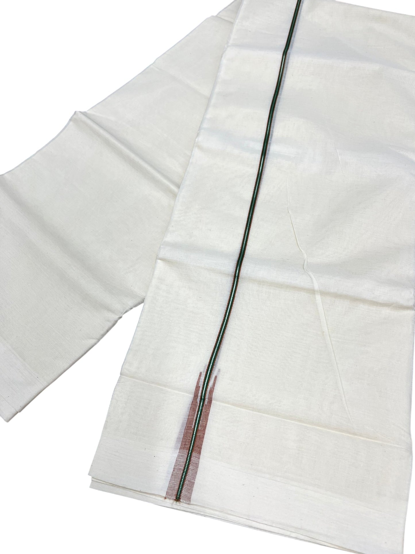 Kerala Pure Cotton Double Mundu with Brown & Green And Silver Chutti Kara (South Indian Kerala Dhoti)