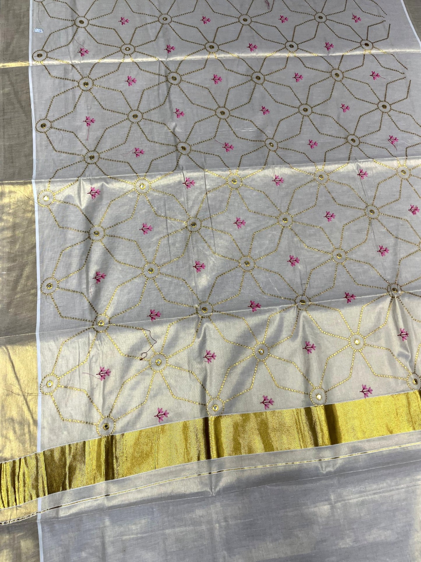 Southloom Kerala Tissue Kasavu Saree with Floral Embroidery Work on Body in Pink